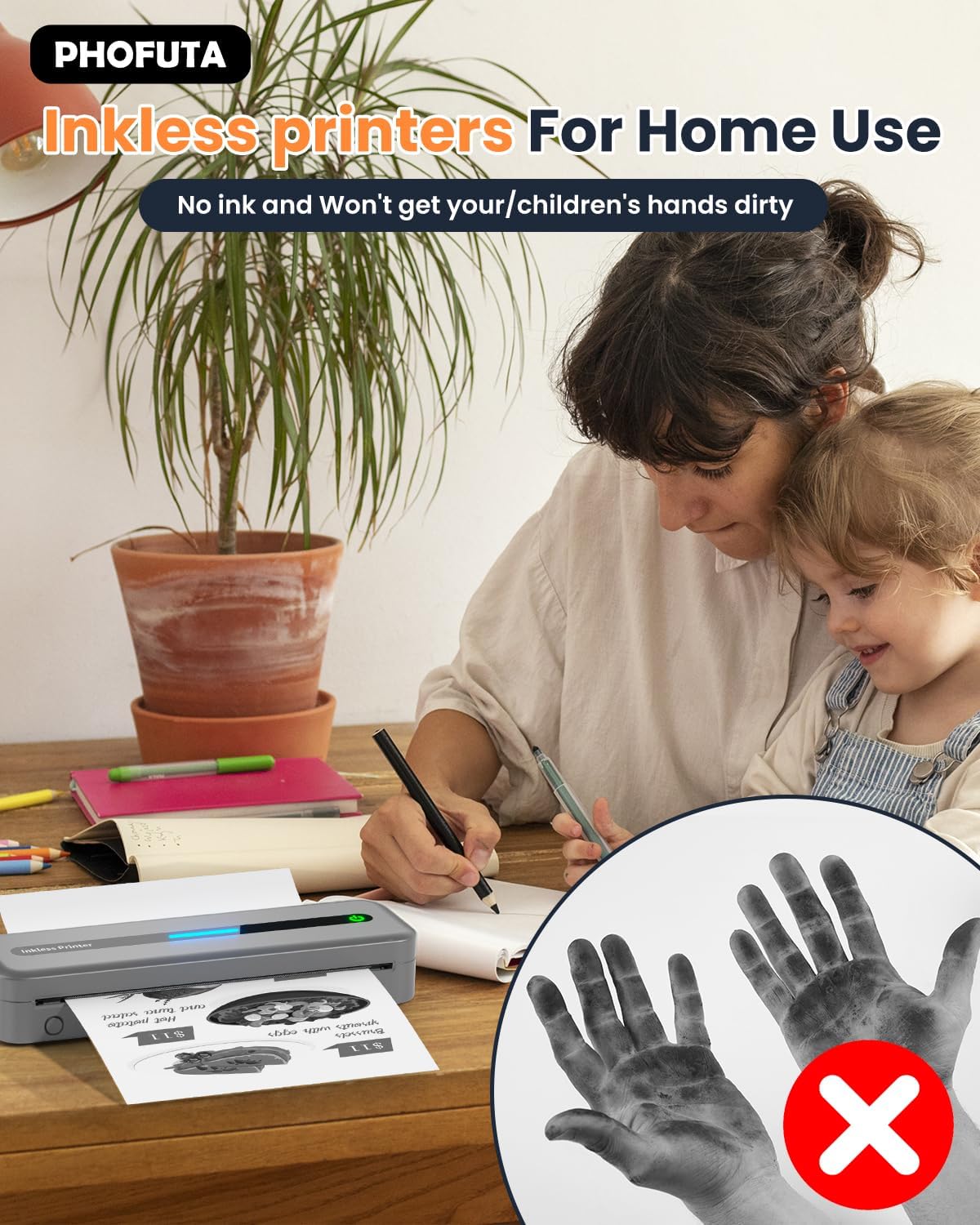 Image showing a parent and child using the PhoFuta M832 printer, with an inset demonstrating clean hands, highlighting the inkless technology.