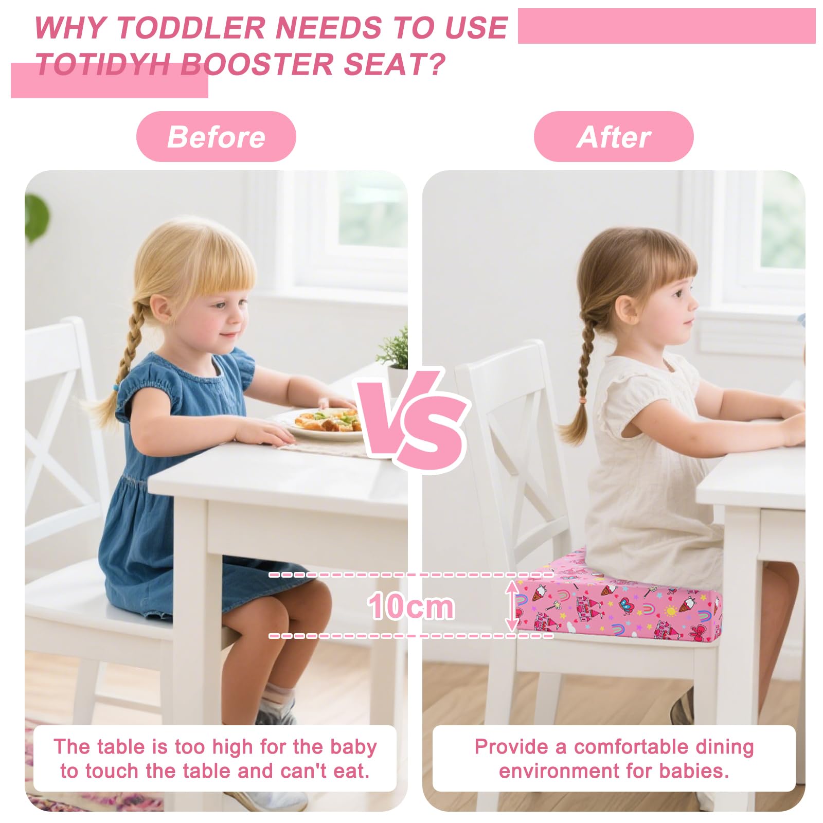 Capslpad Poduszka podwyższająca do siedzenia dla malucha na stół jadalny z 3 regulowanymi paskami wodoodporna gruba kreskówkowa poduszka do siedzenia zdejmowana, nadająca się do prania (różowy)