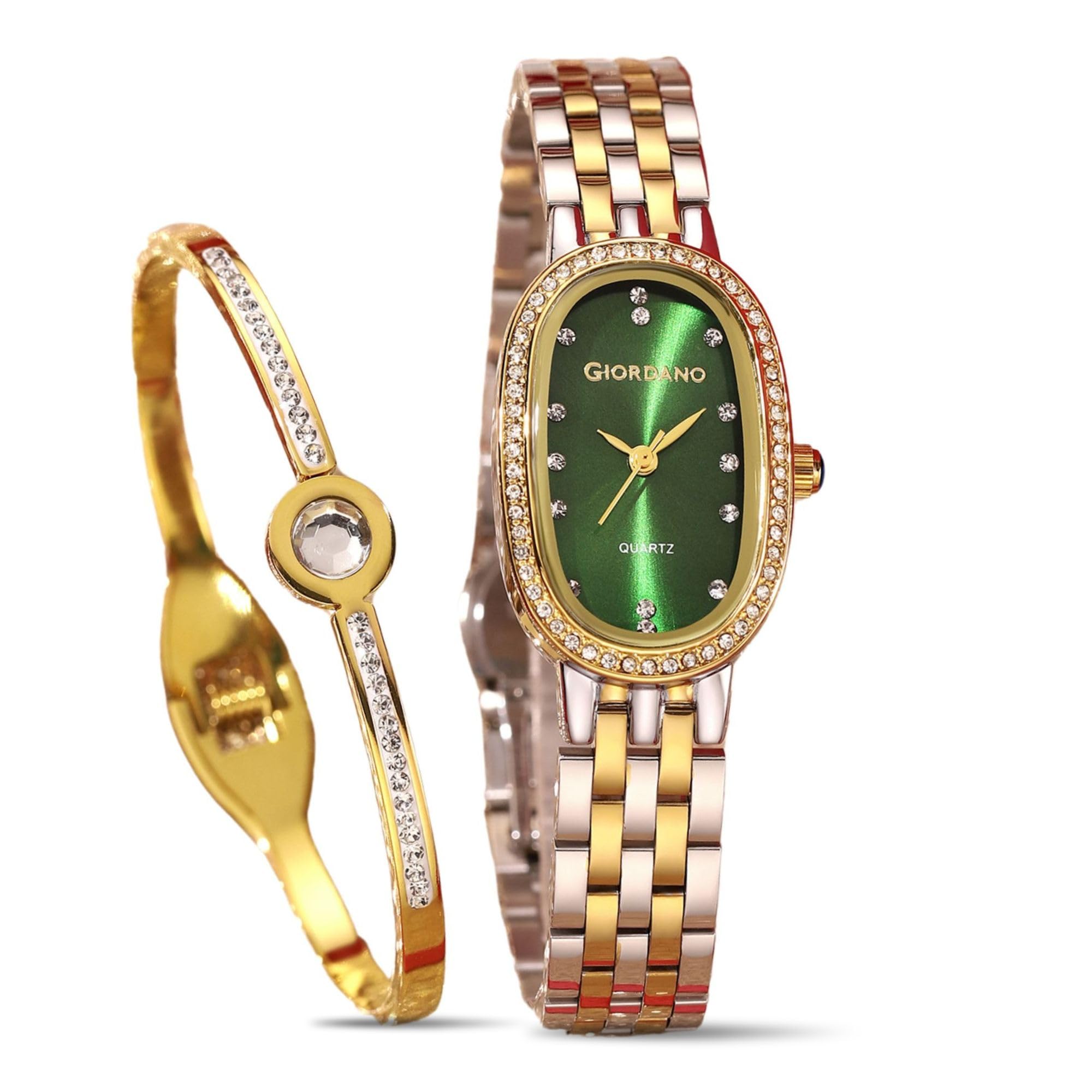 Analog Quartz Watch for Women with Bangle Oval Dial, Blue Crown, Crystal Studded Hour Markers and Bezel, Stainless Steel Strap - GZ-60153-image-7