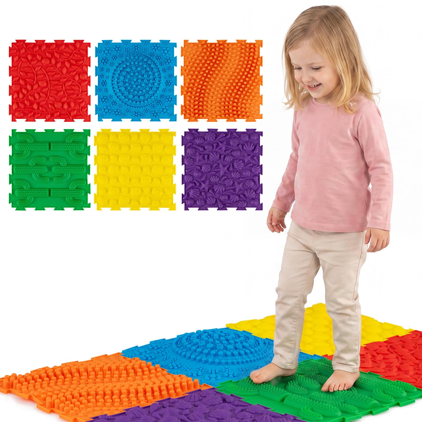 COSTWAY 6 PCS Tactile Sensory Mats, Puzzle Floor Tiles (Colorful)