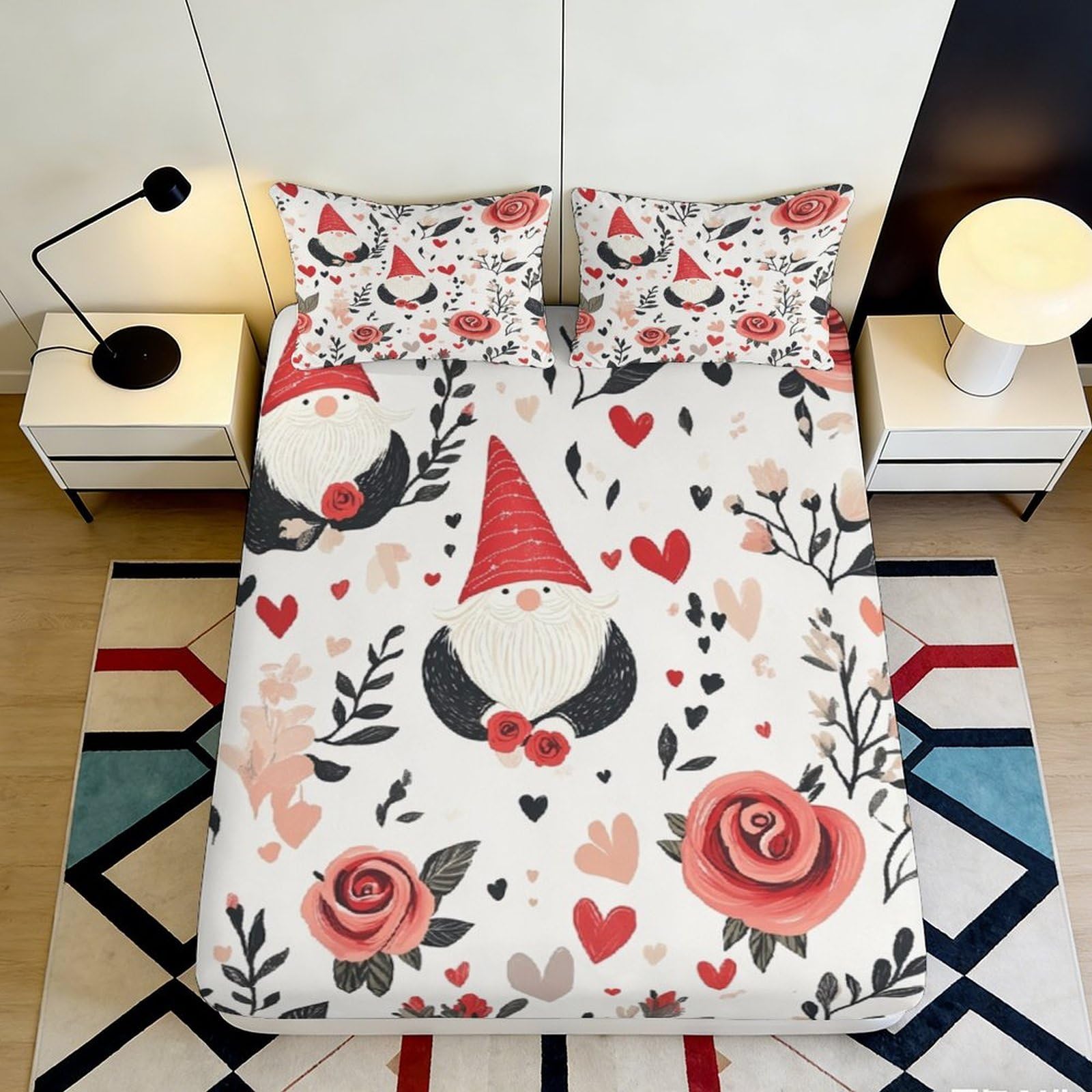 3D Printed Valentine Gnome Fitted Sheet Microfiber Rose Heart Bed Cover for Bedroom Guest Room Decoration 90x200x25cm