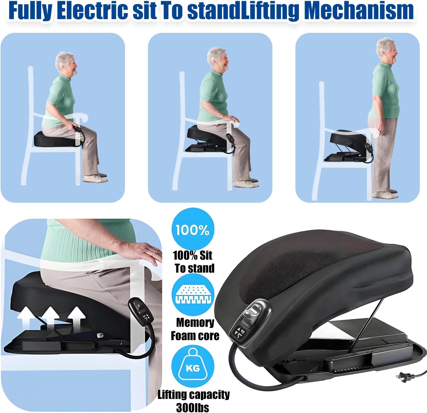Electric Seat Assist Lifting Cushion for Elderly & Disabled, Memory Foam Chair & Sofa Stand Aid, Supports Up to 300 Lbs, Boost Mobility & Independence