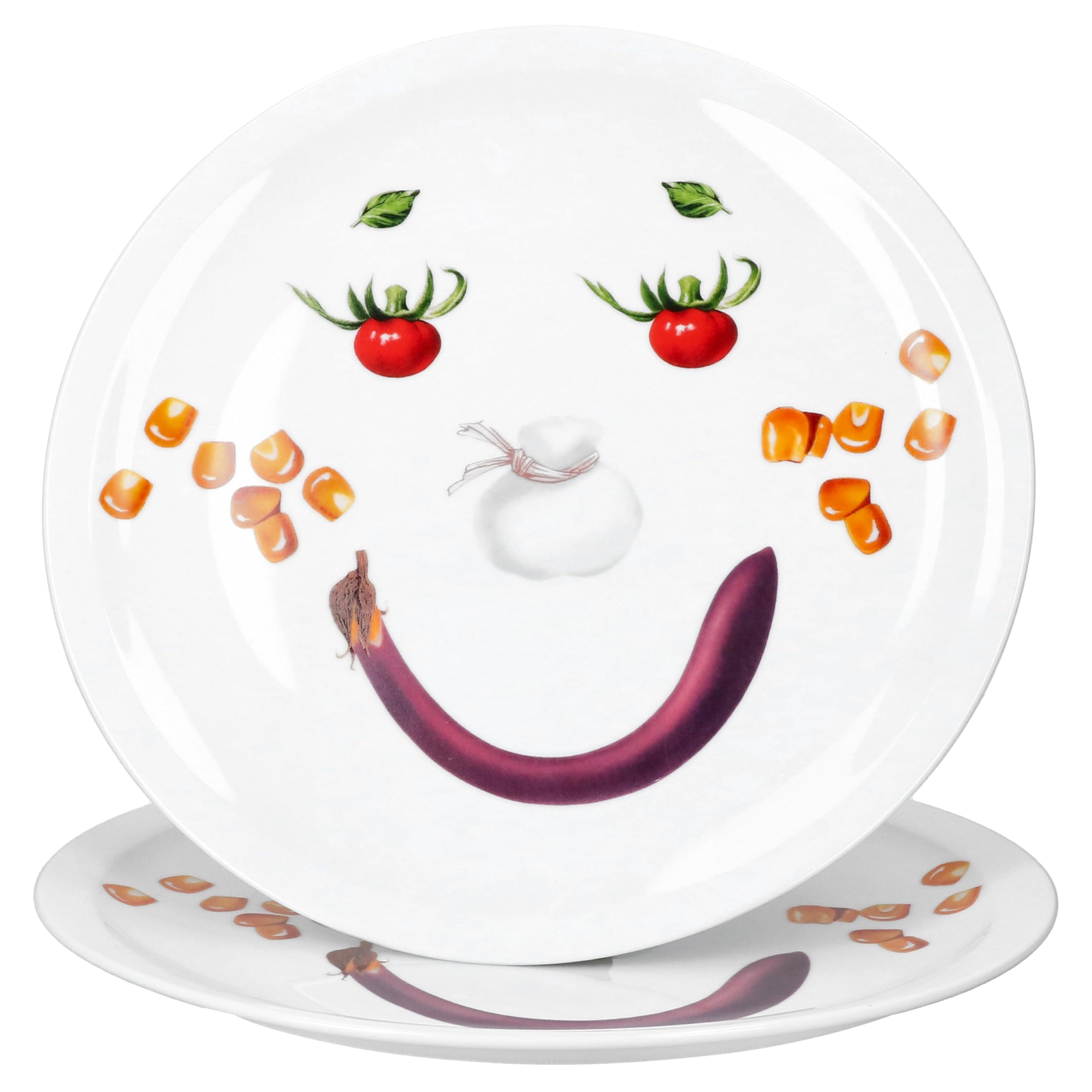 MamboCat 2er Set Smiley Pizzateller I Ø 30,5 cm I lustige Servierplatte aus Porzellan mit Gemüse-Gesicht I Kinderteller, Partyteller, Familienpizza I für Pizza, Flammkuchen & mehr