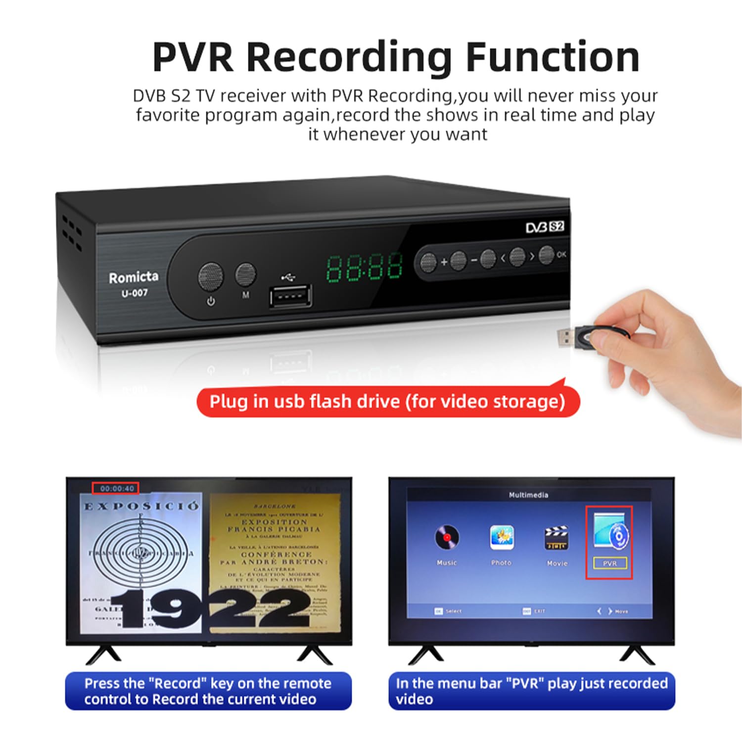 Romicta Receptor HD para satélite, receptor de satélite con HDMI, DVB-S/S2, PVR, EPG, SCART, reproductor multimedia USB, HDTV, YouTube, tiempo, negro, receptor de satélite HDTV