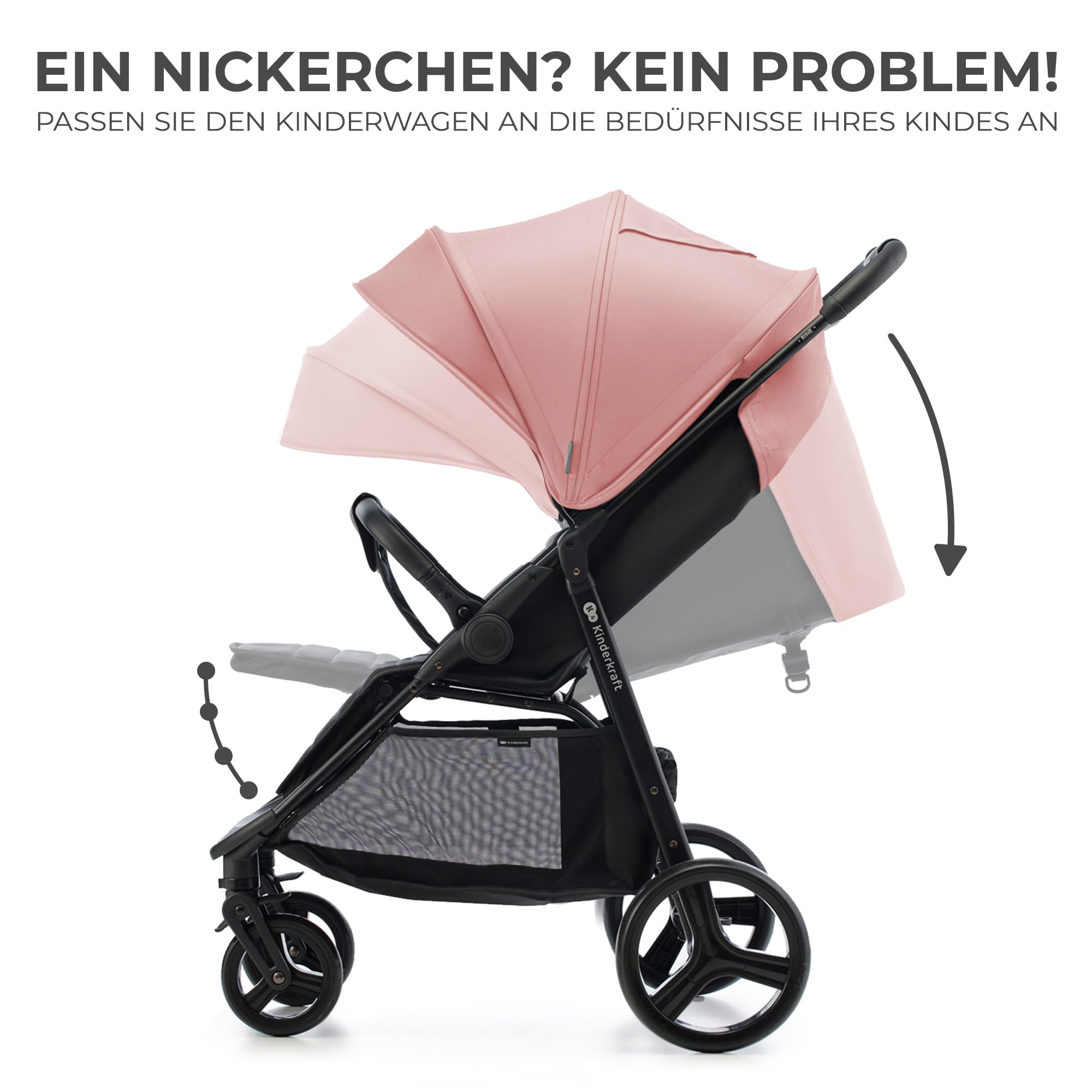 Kinderkraft RINE Buggy bis 22 kg, Kinderwagen, Mit einer Hand zusammenklappbar, wasserfestes Verdeck mit UPF50+ Filter, liegende Position, Getränkehalter im set, Rosa