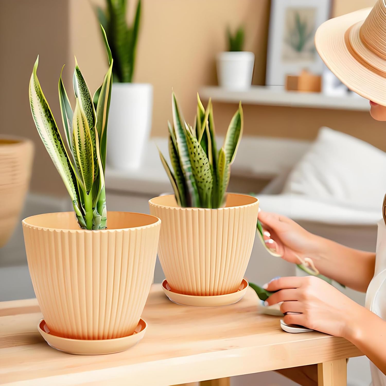 7 Inch Large Plant Pots, 6 Pack Flower Pots with Drainage Hole and Tray Saucer Plastic Plant Pot for Outdoor Indoor House Plants and Flowers Herbs (Khaki)