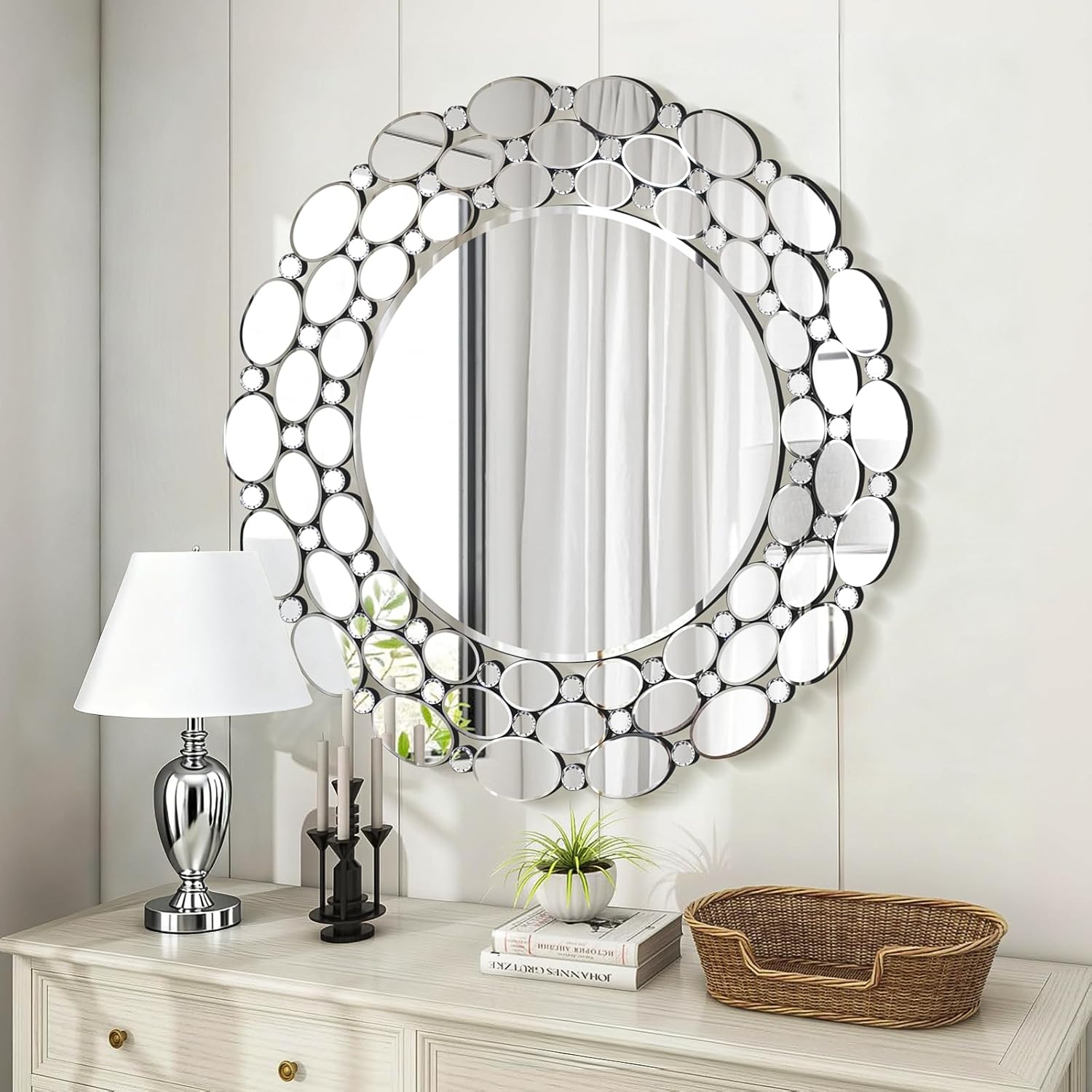24x36 Inch Rectangle Mirrors for Wall Decor, Luxury Diamond Entryway Mirrors for Wall, Silver Decorative Mirror for Living Room, Bedroom, Bathroom, Dining Room, Fireplace