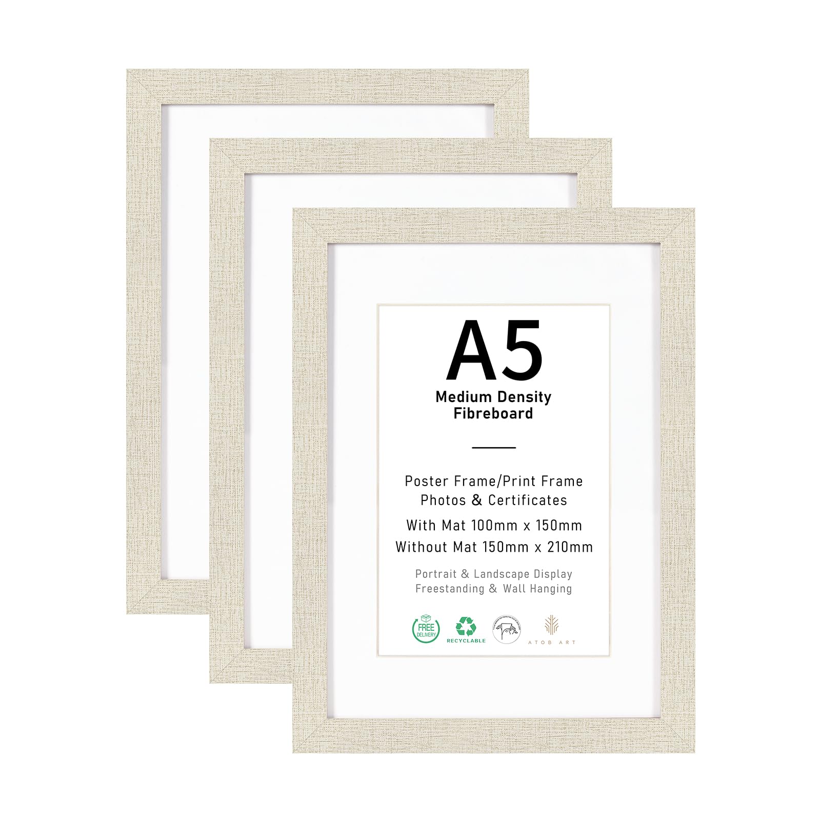 A5/15x21cm Picture Frame Set of 3, Display 10x15cm with Mat or A5 without Mat, Linen White Wood Photo Frames for Wall Mounting or Table Top Display