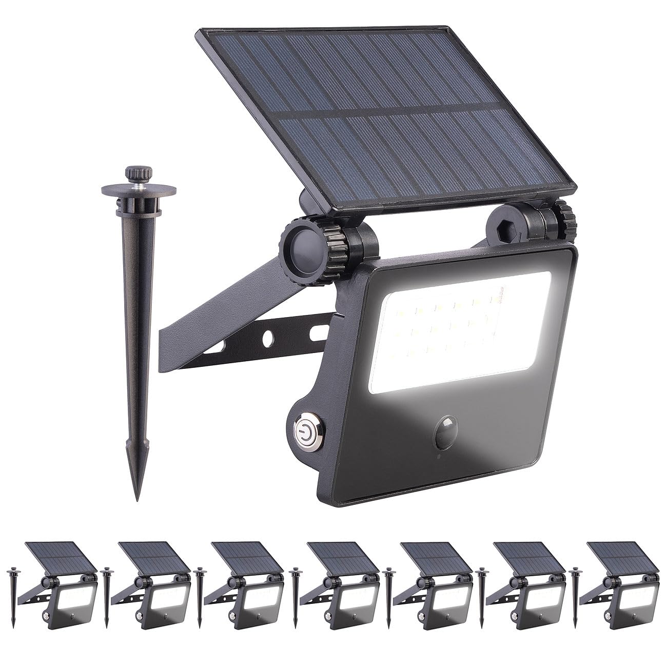 Luminea Erdspieß Solarleuchten: 8er-Set Solar-LED-Gartenstrahler, Bewegungssensor, 700 lm, 1.800 mAh (LED Strahler außen Erdspieß, Solar Gartenstecker Set)
