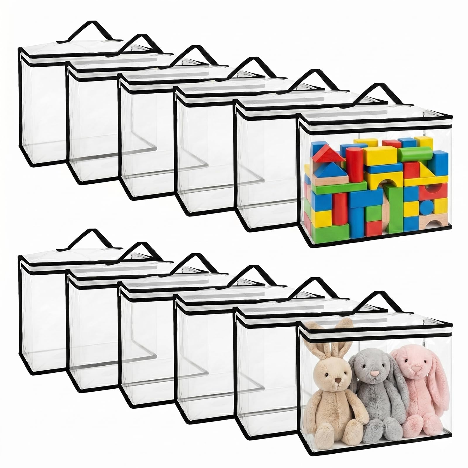 12 Stück PVC Aufbewahrungstaschen, Transparente Aufbewahrungstasche 40x30x10 Cm mit Griffen, Spielzeug Aufbewahrungstasche für Bausteine, Puzzle und Badzubehör