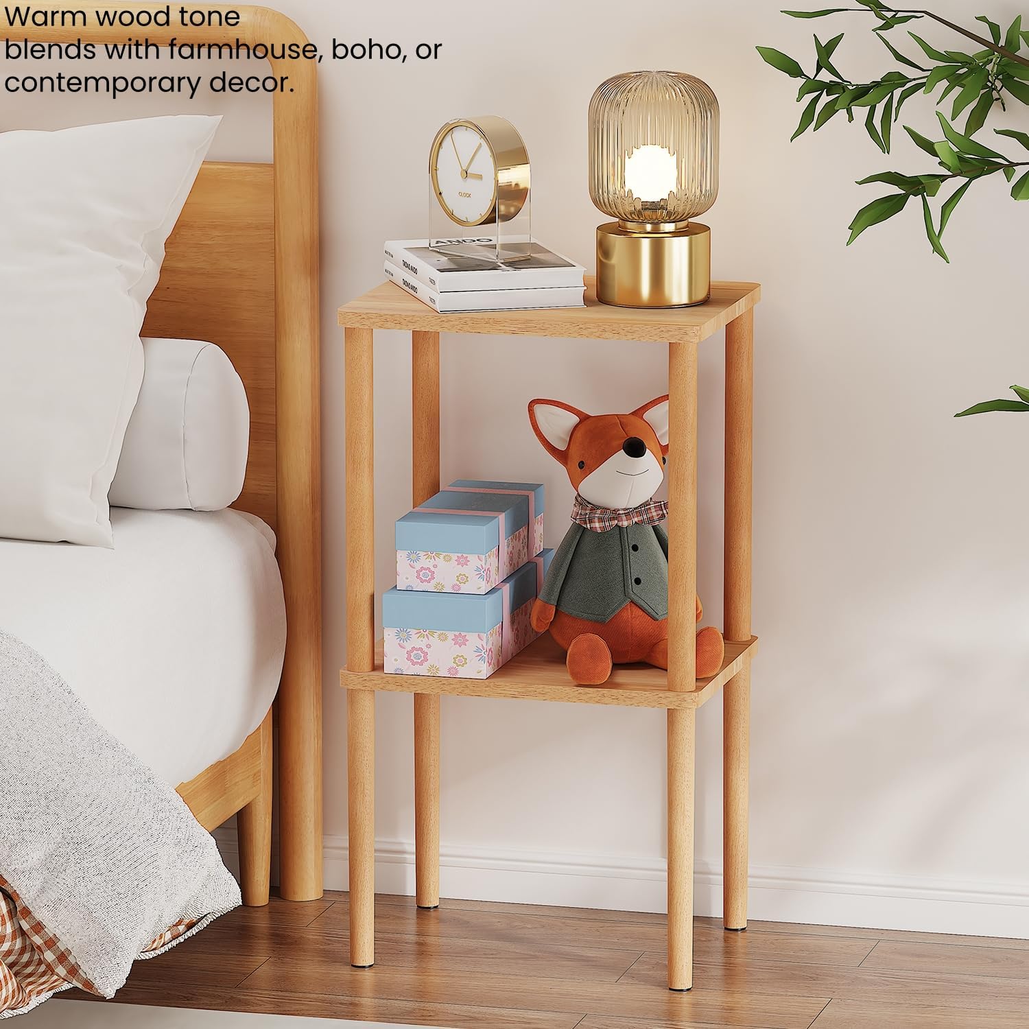 Solid Wood Side Table, 2-Tier Tall End Table with Storage Shelf, Small Nightstand Bedside Table for Bedroom, Living Room, Kids Room & Small Spaces, No-Tool Assembly,(Natural)