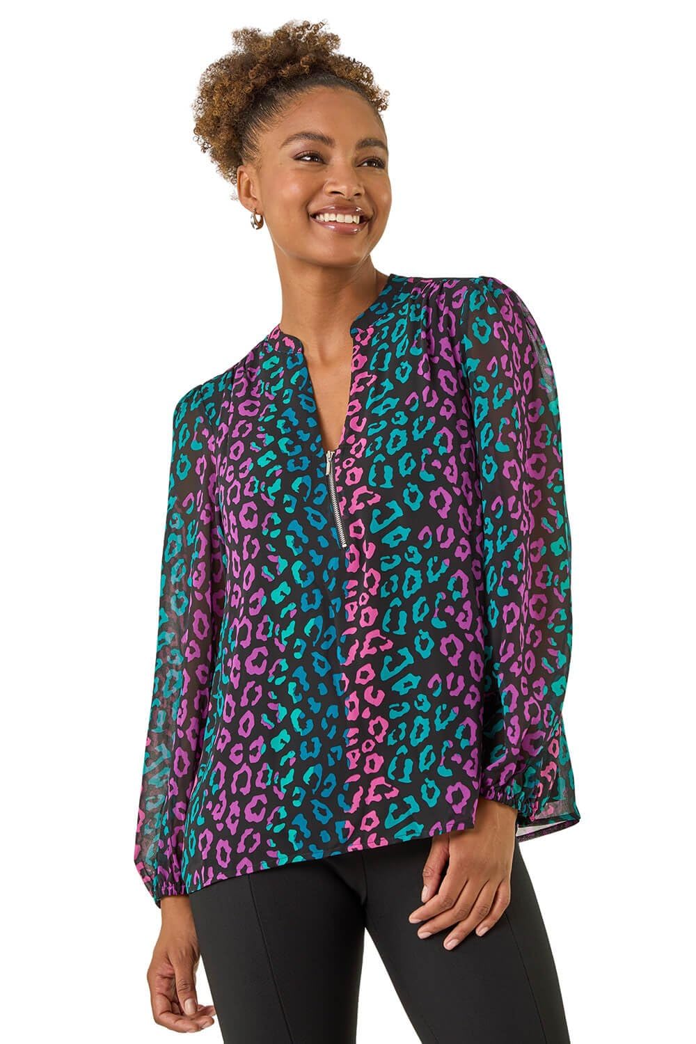 Roman Women's Animal Print Zip Front Top Size 14 Teal