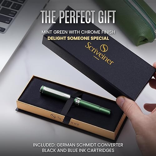 Miniatura 3 de Scriveiner Pluma estilográfica EDC de lujo (fino), verde mate, acabado cromado, punta alemana Schmidt, convertidor, juego de regalo para hombres y