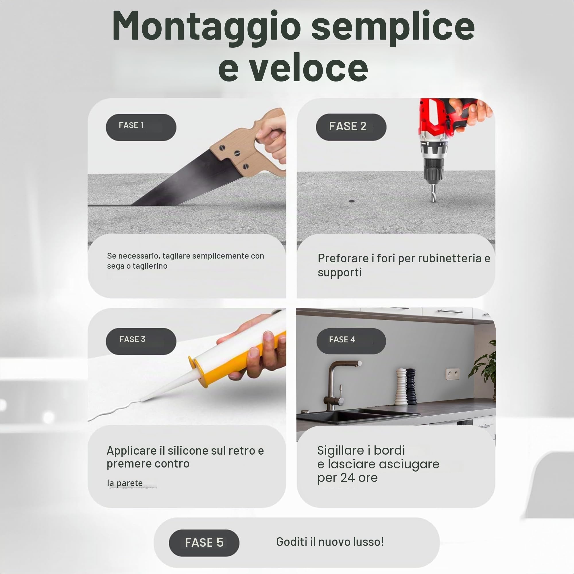 WALLando Pannello posteriore della cucina di alta qualità, dimensioni personalizzate – Rivestimento da parete in PVC facile da montare per la cucina – Paraspruzzi resistente al calore in pannelli di