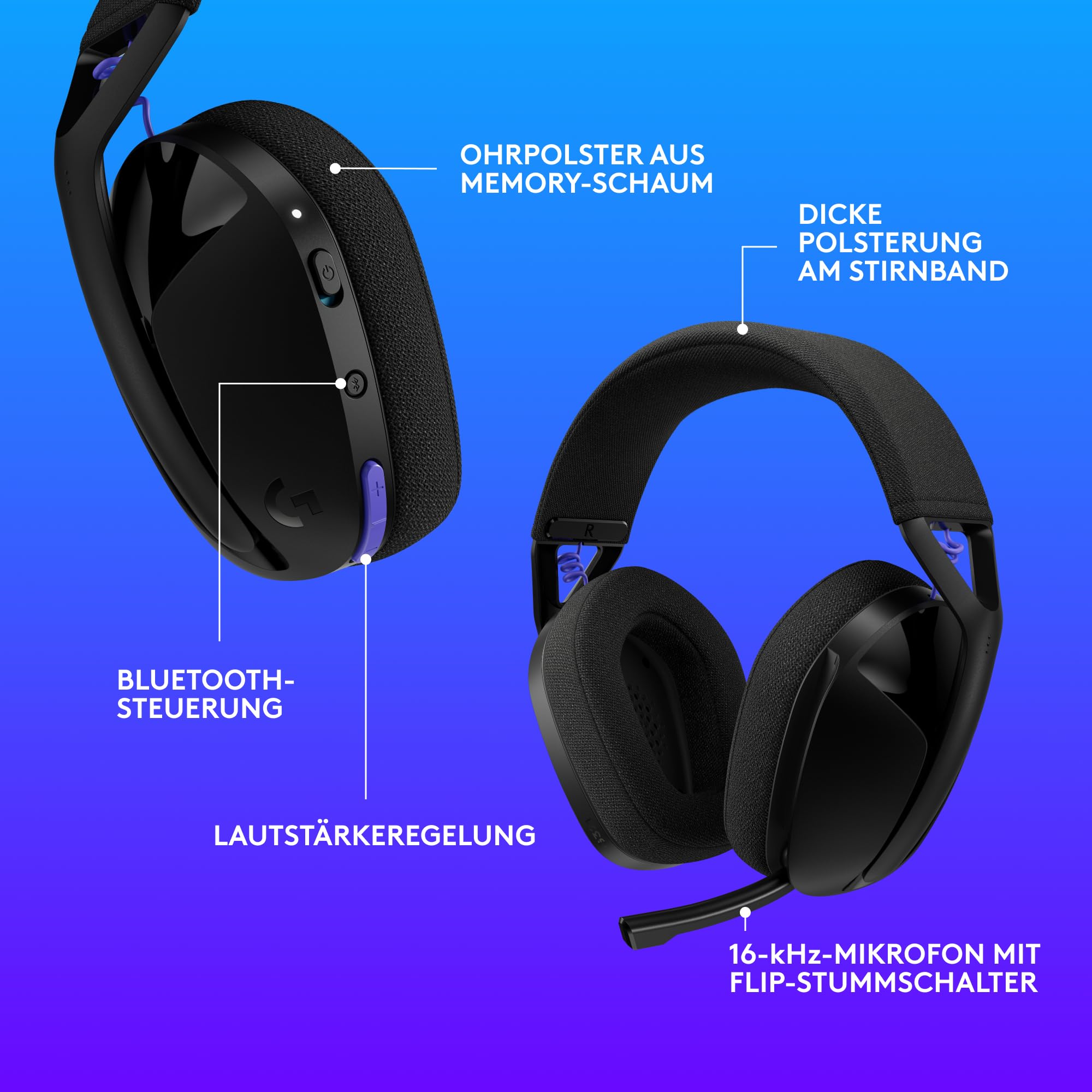 Logitech G G321 Lightspeed kabelloses Bluetooth-Gaming-Headset, dynamischer Komfort und Passform, 16-kHz-Schwingmikrofon, über 20 Std. Akkulaufzeit, PC, PS4, PS5, Nintendo Switch, Mobilgerät – Schwarz
