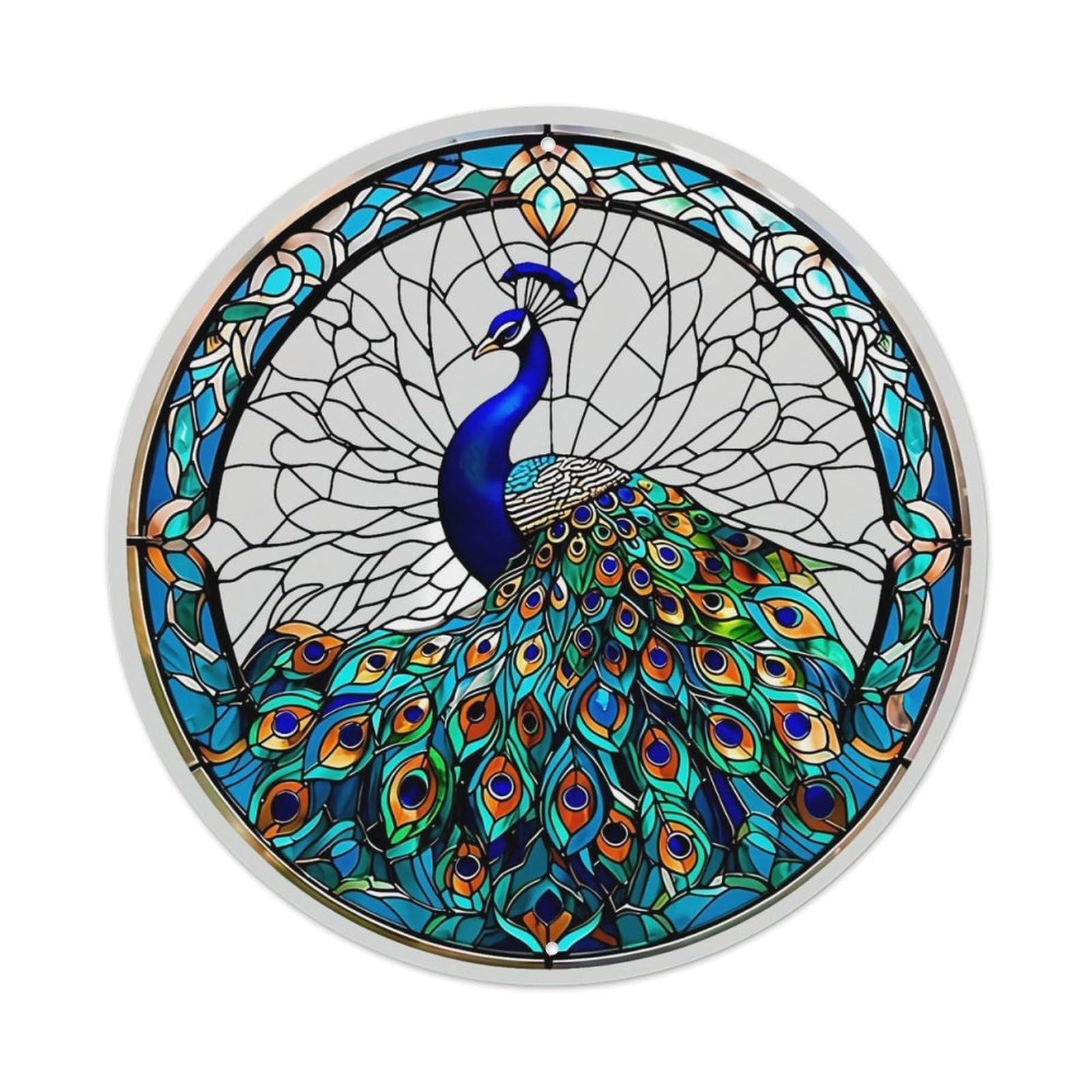 Stained Glass Peacock Feather Design Retro Metal Tin Sign, Vintage Metal Poster for home, Gaming Room, Studio Workshop,Bar,Garage Wall Art Decor 8x8 inch