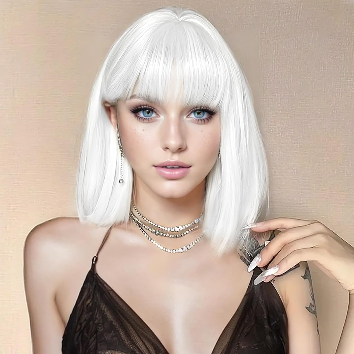 PORSMEER Short Straight Bob White Wigs with Fringe Shoulder Length Hair Colorful Wig for Women Girls Heat Resistant Synthetic Wig for Cosplay Halloween Party14 Inch 35cm