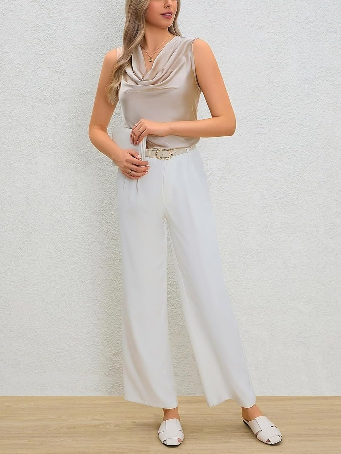 MakeMeChic Women's Draped Cowl Neck Camisole Silk Satin Tank Tops Office Work Shirt Summer Blouse - Image 4