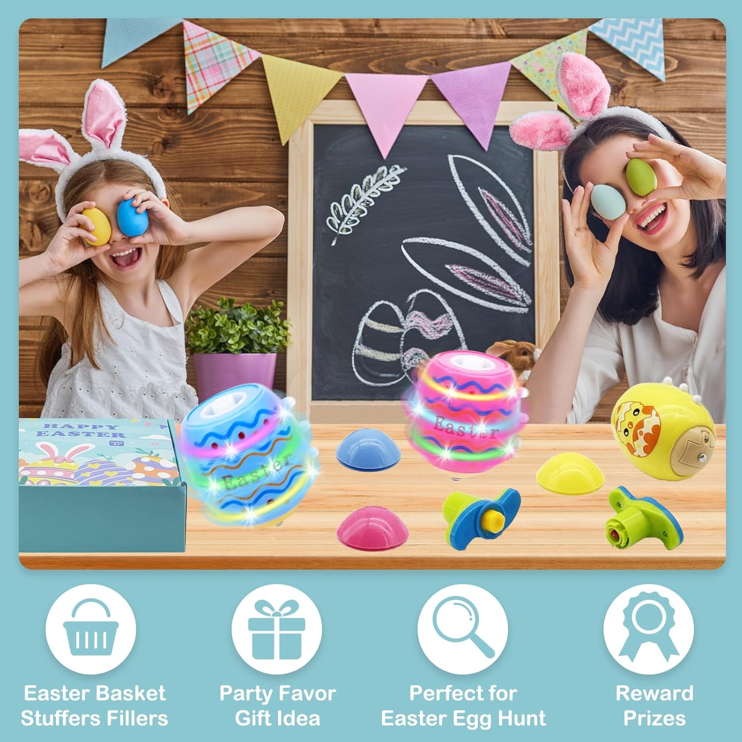 Easter Basket Stuffers for Kids - 4 Pack Light Up Spinning Tops, Egg Fillers Essentials for Boys Girls Toddler Children, Glow in The Dark Hunt Prizes Goodie Bag Toys Party Favors Gift Ideas