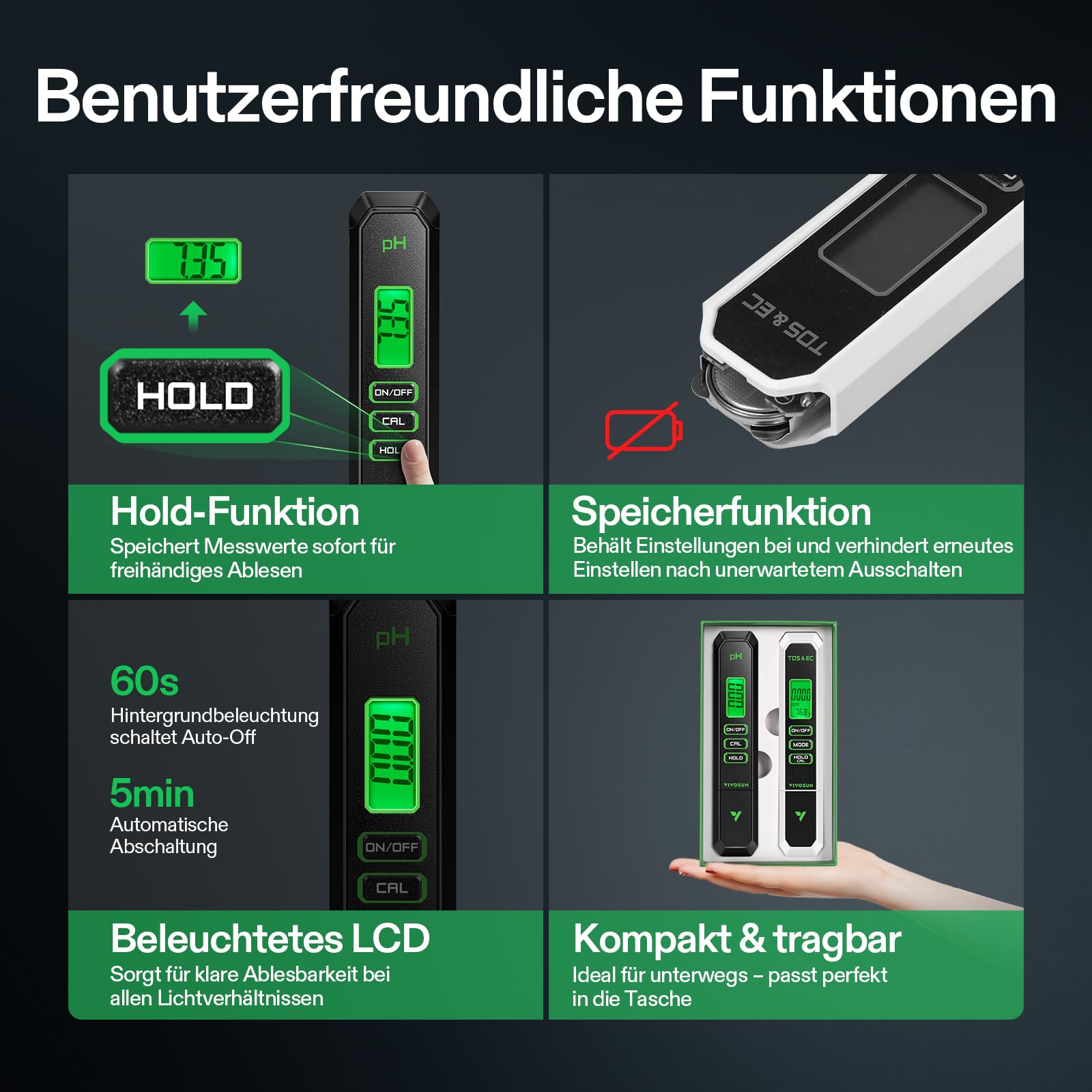VIVOSUN Digitales pH- und TDS-Messgerät-Kits, 0,01 pH hohe Genauigkeit Stifttyp pH-Messgerät ± 2% Ablesegenauigkeit 3-in-1 TDS EC Temperaturmessgerät für Hydrokultur, Pool und Aquarium, Schwarzweiß,