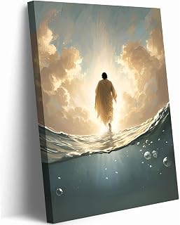 Framed Jesus Walking on Water Canvas Wall Art Jesus Christian Painting Wall Decor Pictures Sacred God Posters Prints for Living Room Bedroom Bathroom Home Decorations Ready to Hang (12inx16in)