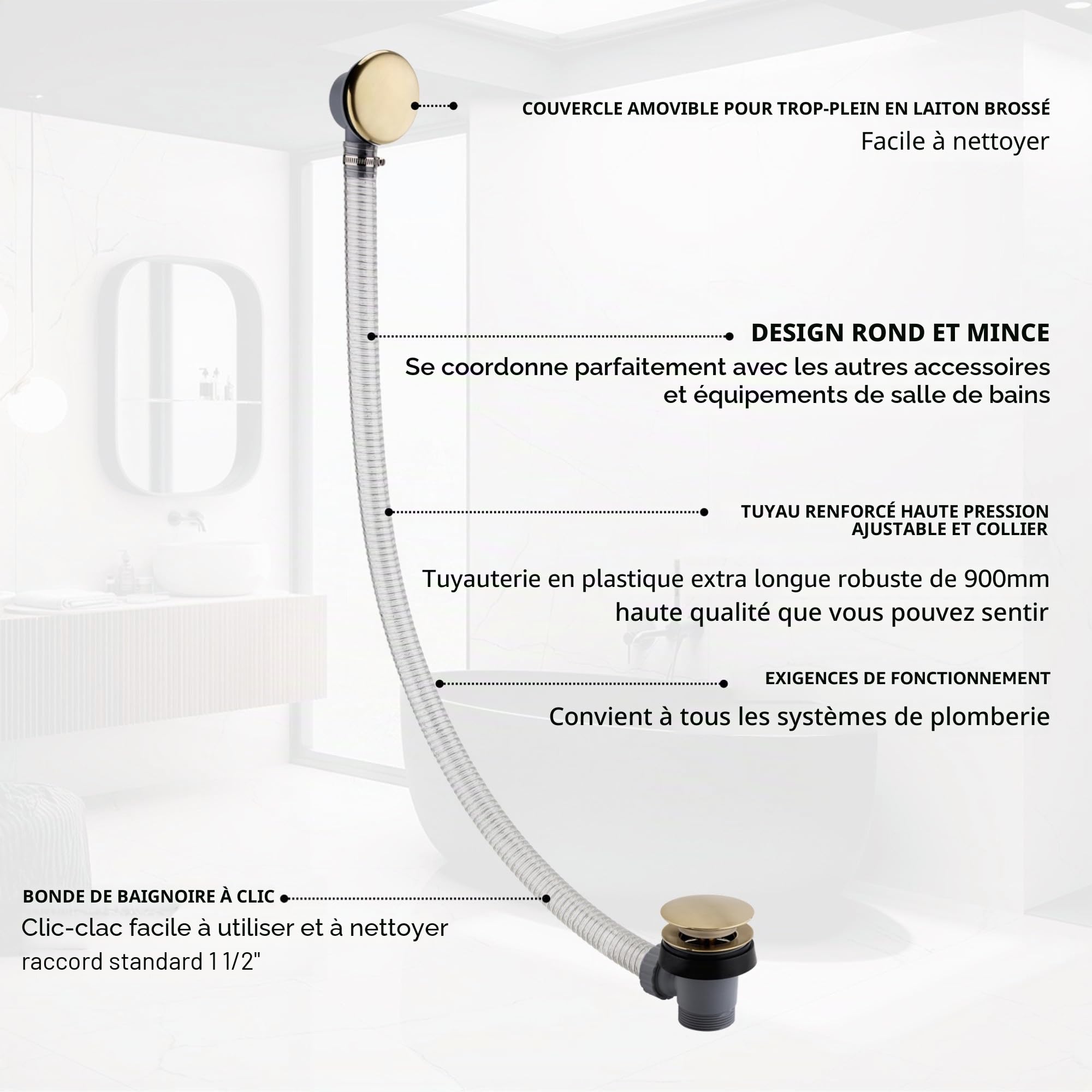 ENKI, W66 Bonde de baignoire � ressort en laiton bross� de 3,8 cm et trop-plein de 3,8 cm, design moderne, bonde de baignoire pop-up, facile � nettoyer, kit de vidage facile � installer, fixations