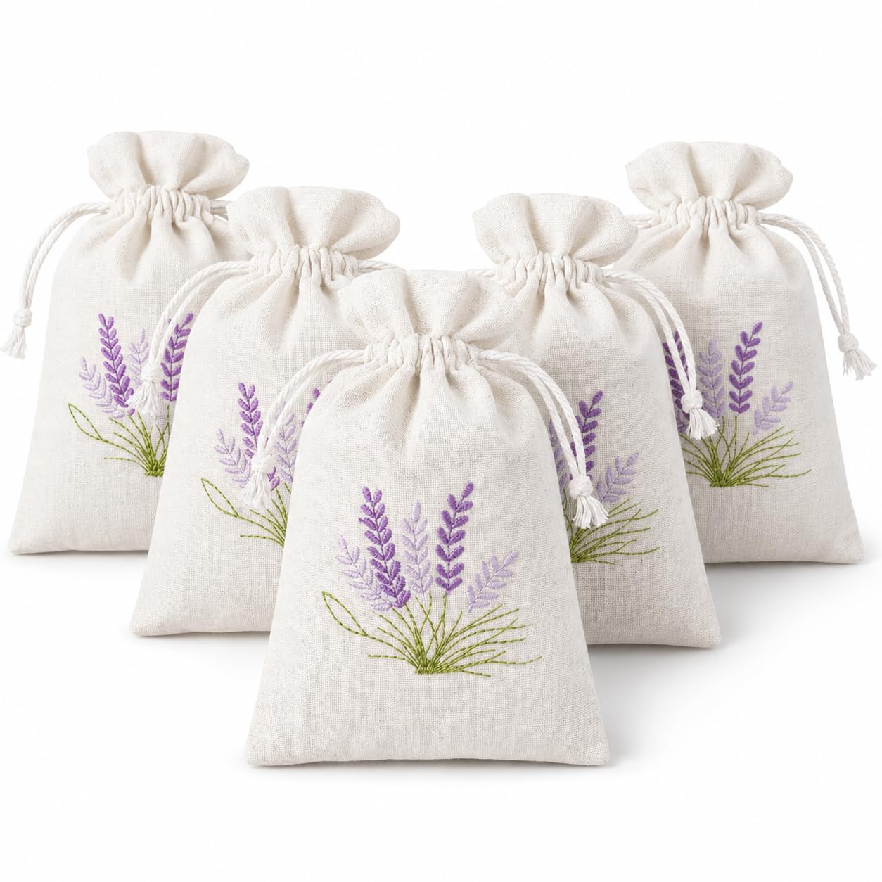 5PCS Lavender Bags - Empty Cotton Canvas Embroidered Sachet Pouches - Drawstring Herb Bags for Dried Lavender - Wardrobe Drawer Closet Freshener - 10×14cm (White)