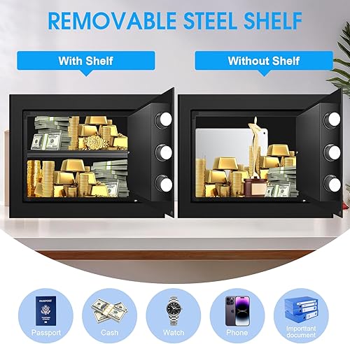 Miniatura 3 de Caja fuerte pequeña para el hogar, caja de seguridad con teclado programable, llaves de repuesto y estante extraíble, cajas fuertes para el hogar