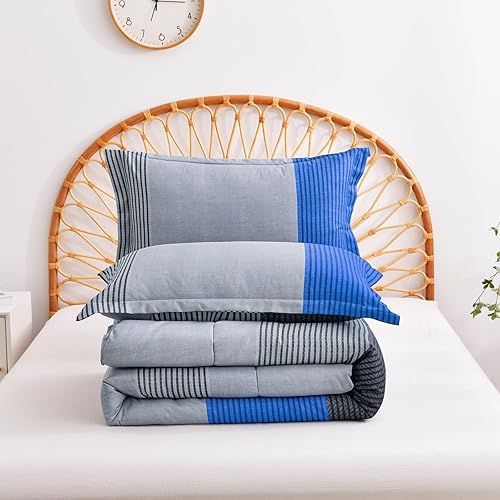 Miniatura 7 de WONGS BEDDING Juego de edredón reversible con diseño de rayas azules, 3 piezas (1 edredón + 2 fundas de almohada), juego de edredón con relleno de