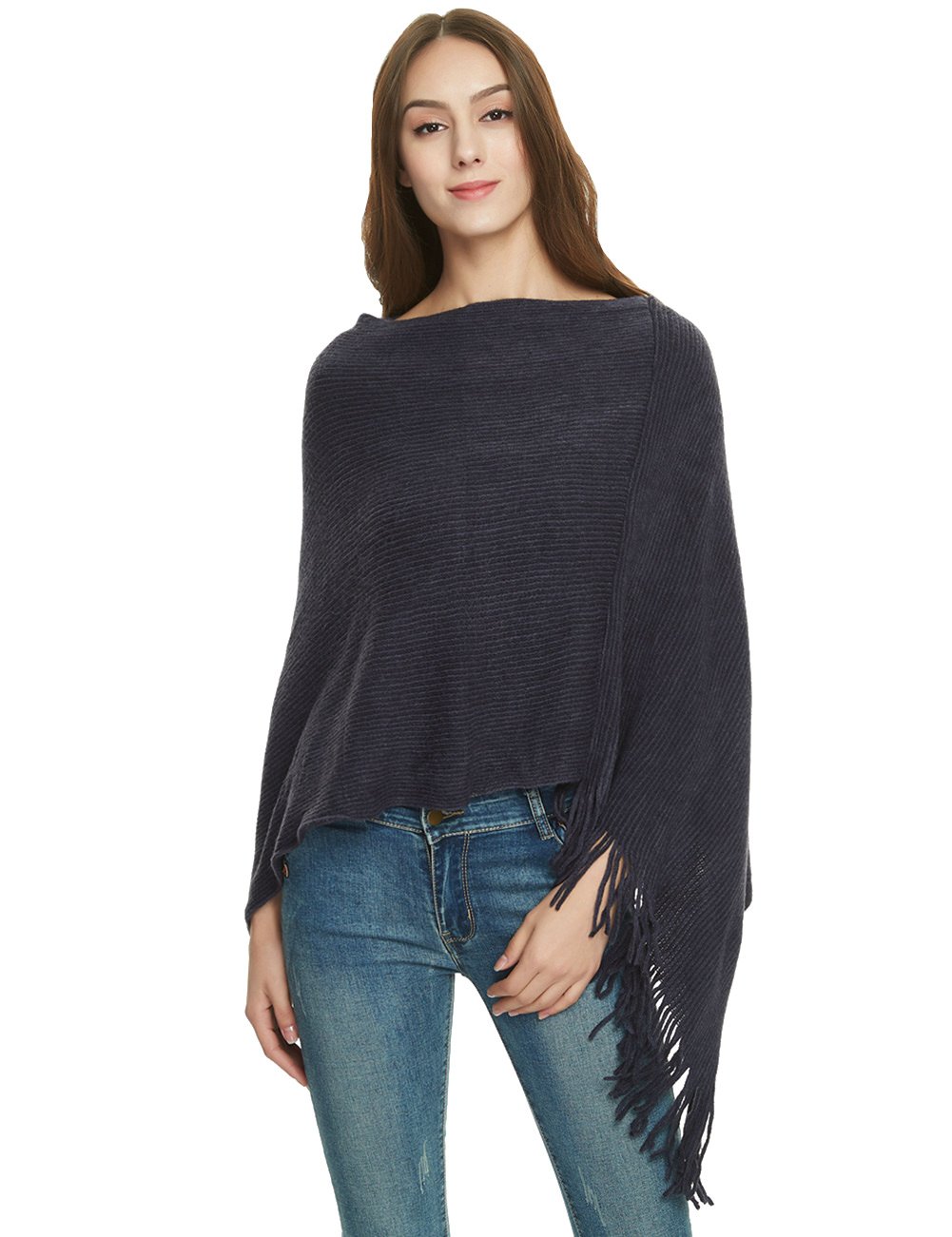 Ferand Women's Lightweight Poncho Sweater Versatile Shawl Wrap for Fall Winter 2023, Navy blue
