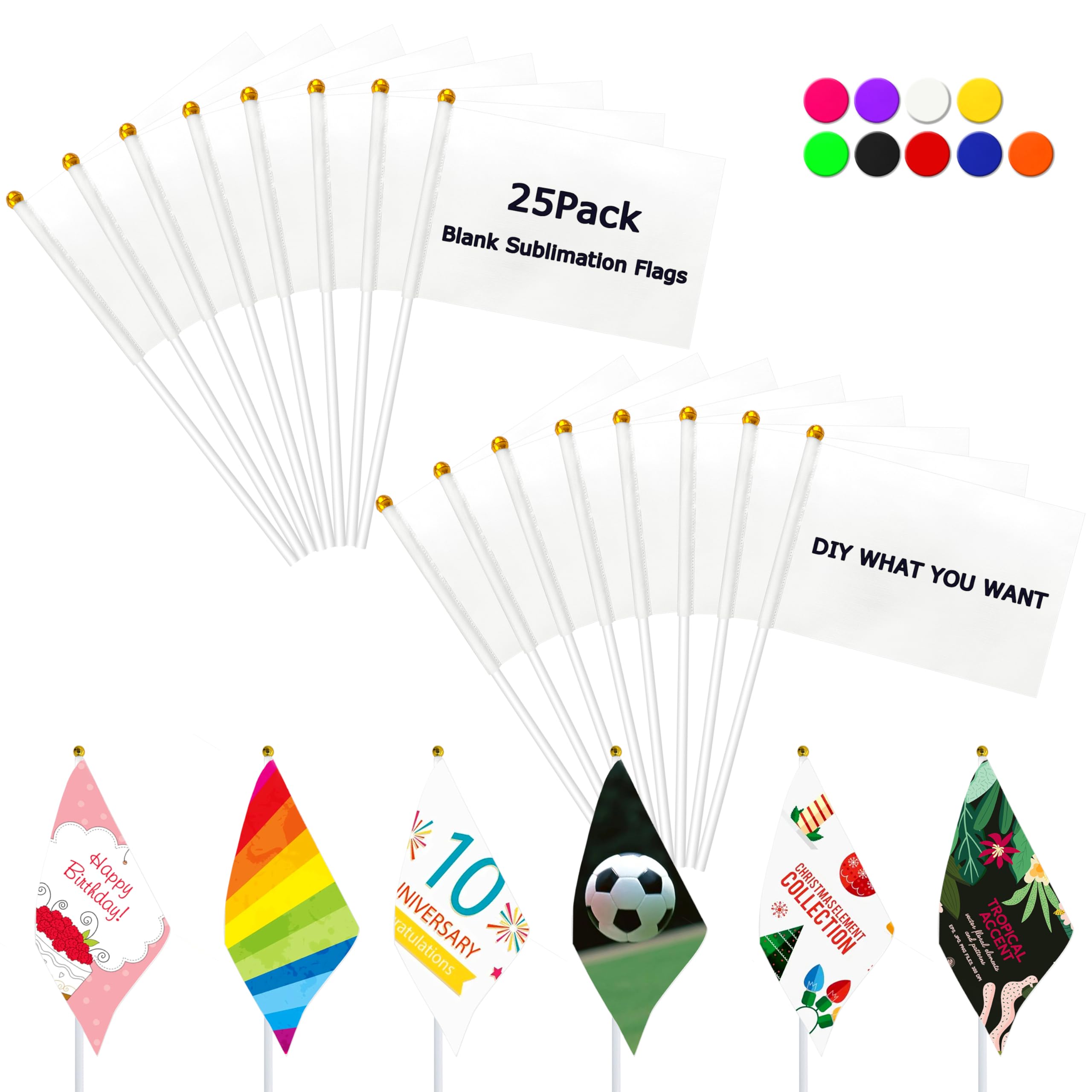 KERDA 25 Pack Solid White Blank Flags Small Mini White DIY Graffiti Flags on Stick,Party Decorations for Grand Opening,Kids Birthday,Carnival,5x8 Inches