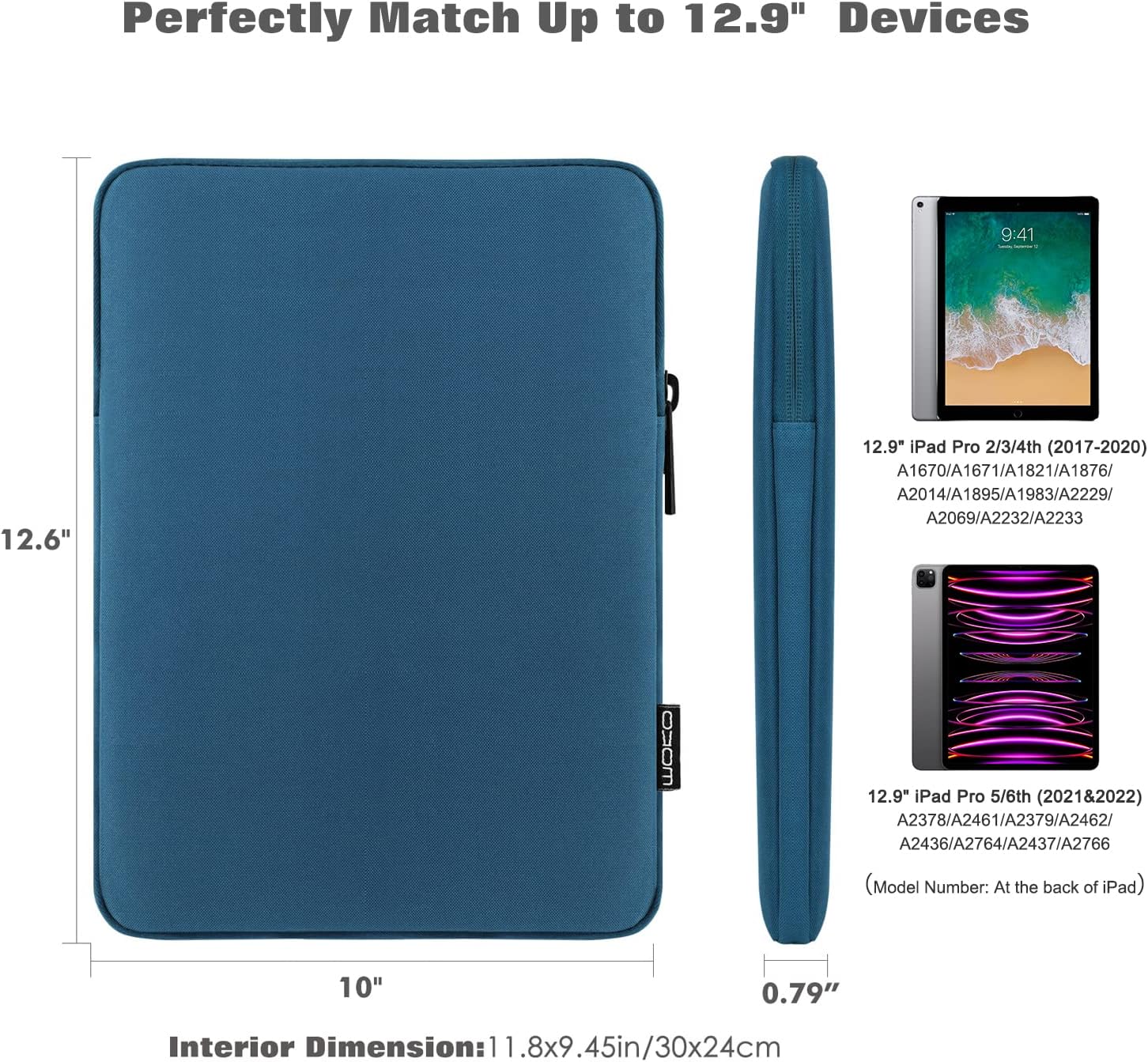 MoKo 12.9 Inch Laptop Sleeve Case Fits iPad Pro 12.9 M2 2022/2021/2020/2018, iPad Pro 12.9 2017/2015, Surface Laptop Go 12.4",Polyester Bag Fit with Smart Keyboard, Peacock Blue
