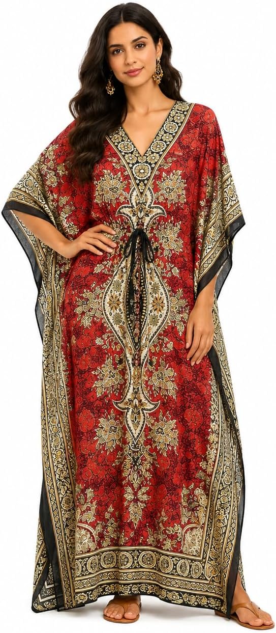 Kaftan Dress Kimono Maxi Style Casual Dress for Women V-Neck 3/4 Sleeve Top Printed Free Size