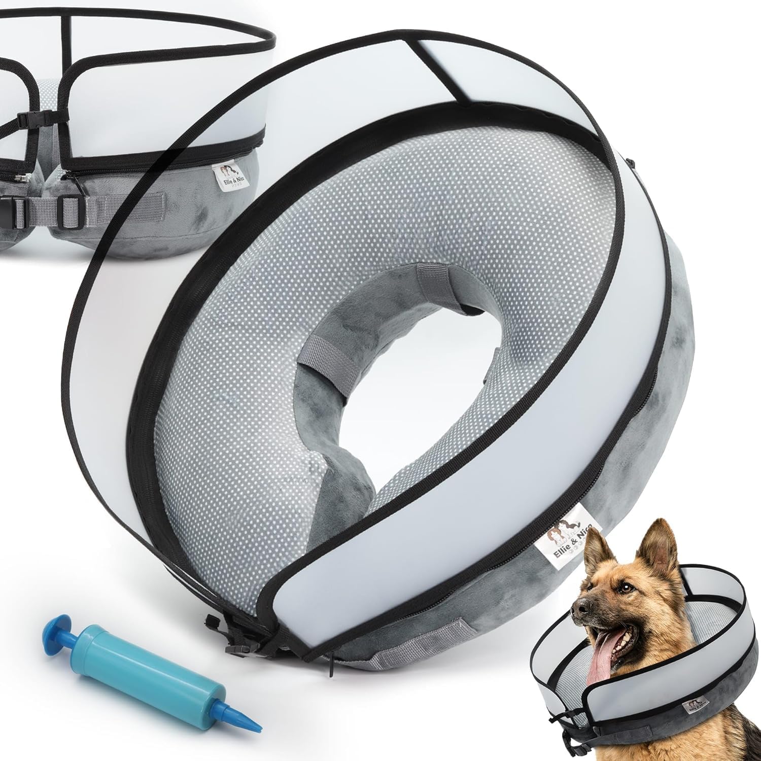 inflatable dog cone collar w/pump - medium + dog donut collar after surgery - washable dog cone collar w/removable soft cone for dogs after surgery- dog cone alternative after surgery w/soft cover medium+ (neck size 12-15 in)