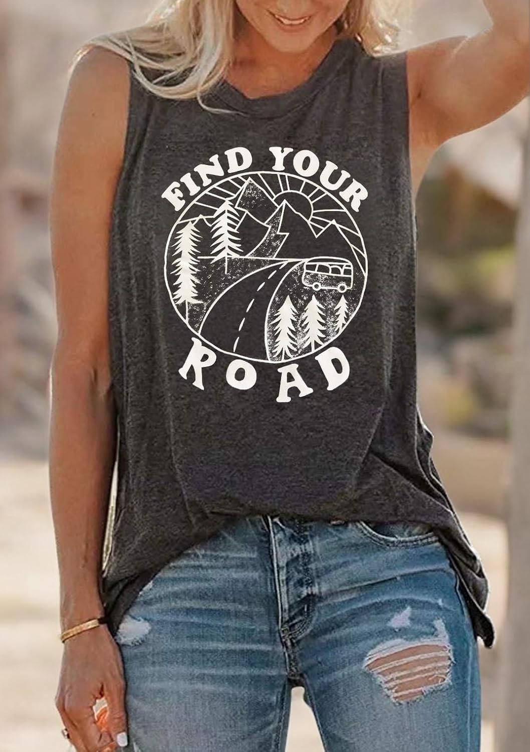 Umsuhu Find Your Road Womens Tank Tops Summer T Shirts Sleeveless Casual Loose Tunic Blouses - Image 3