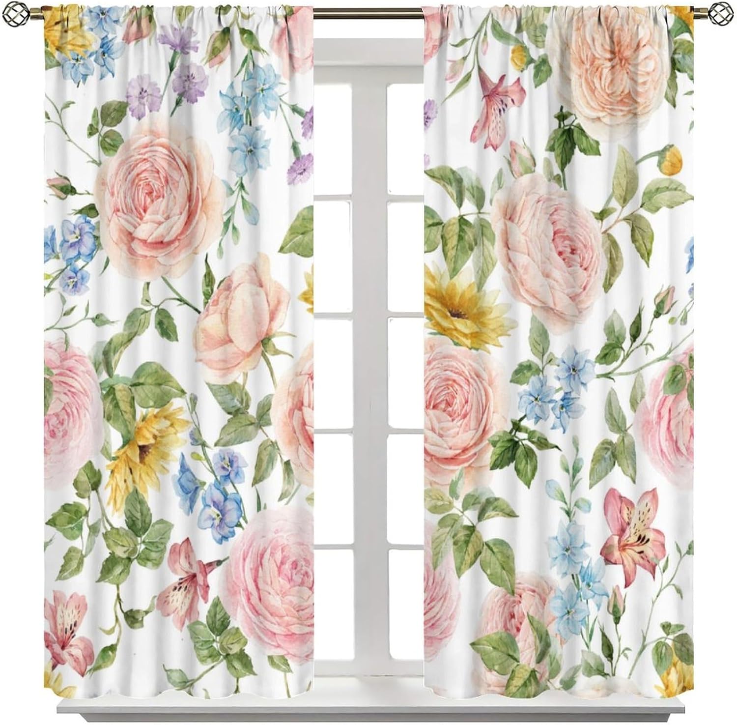 Colorful Floral Curtains Watercolor Spring Botanical Aesthetic Wildflower Nature Rustic Art Printed for Girls Women Bedroom Living Room Rod Pocket Decoration Window Drapes 2 Panels W42xL84in