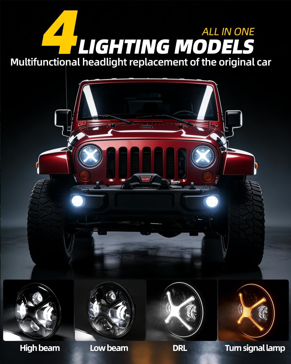 X-Design 7 Inch Round LED Headlights Compatible with Jeep Wrangler JK TJ LJ, High Performance Projector Eyes with White X-Shape DRL & Amber Signal, DOT SAE Legal