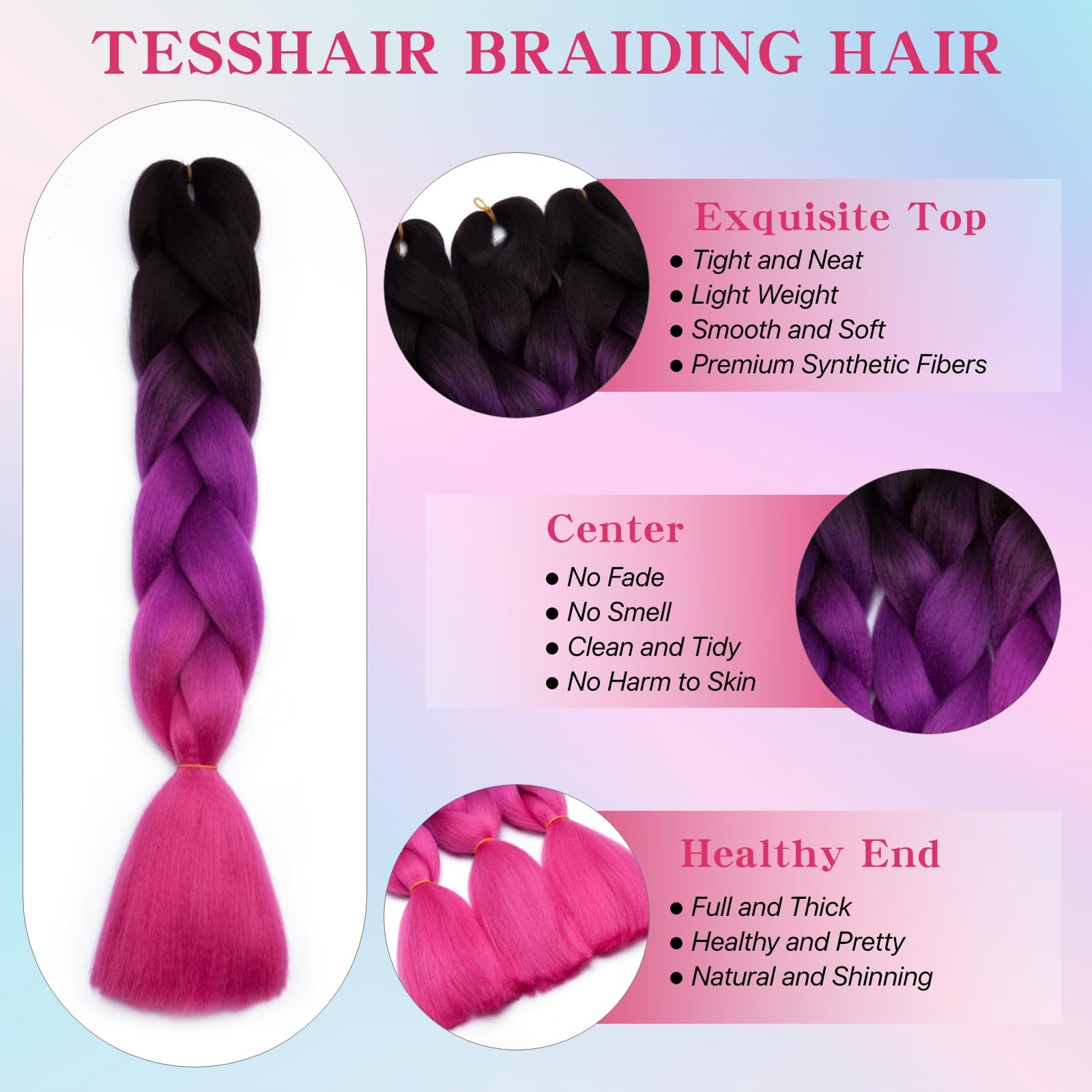 tesshair Braiding Hair Extensions 24 Inch Jumbo Braiding for Twist Braiding Synthetic Fashion Braids Extensions Hair Natural Braid Extensions for Women Grils (Black/Purple/Purple Red - Image 4