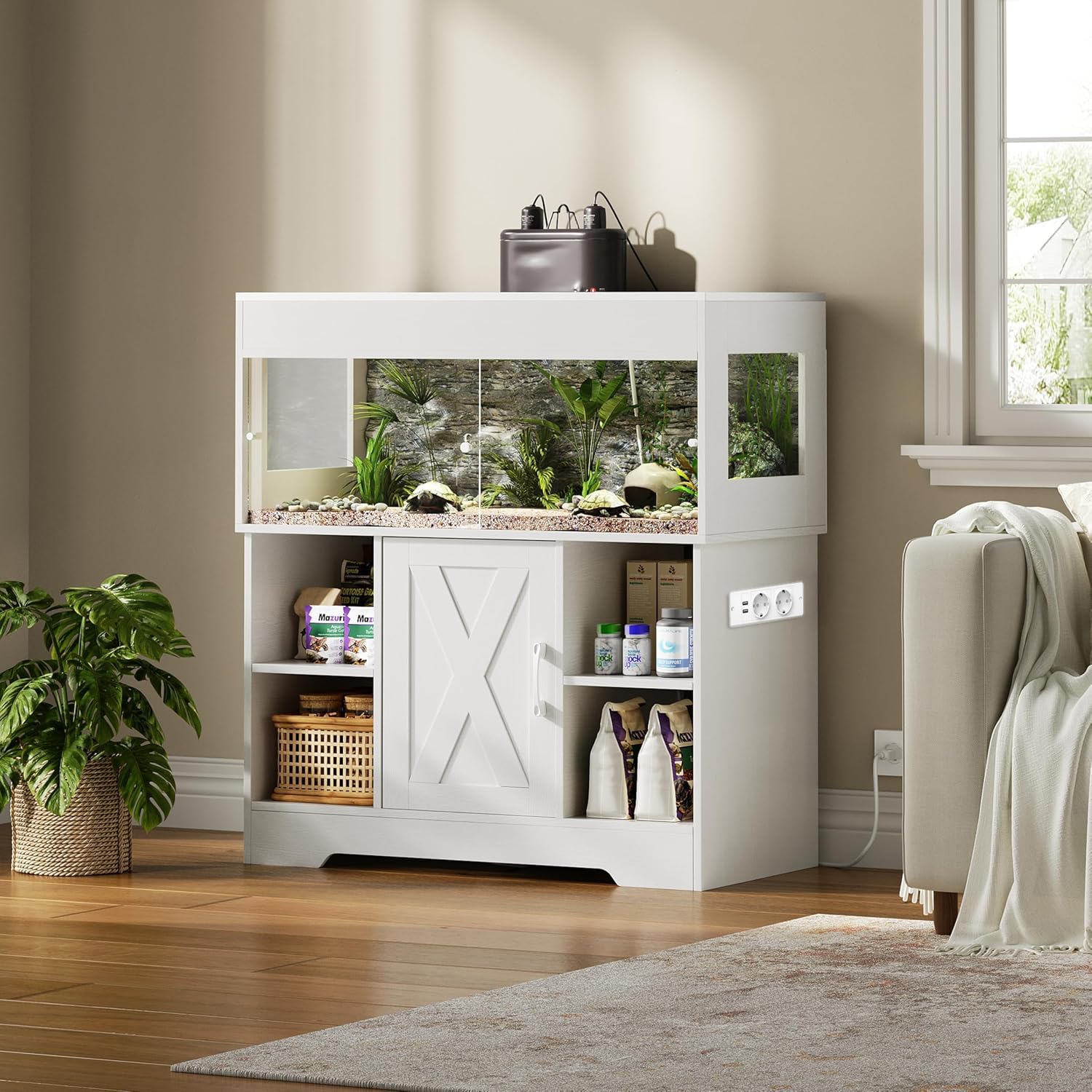 Herture Großes Terrarium mit Unterschrank 150 L, 90 x 46 x 41 cm | Reptilienvivarium Holz, Terrarienschrank mit Schiebetüren, integrierter Steckdose & Stauraum für Reptilien, EPX03RTWW