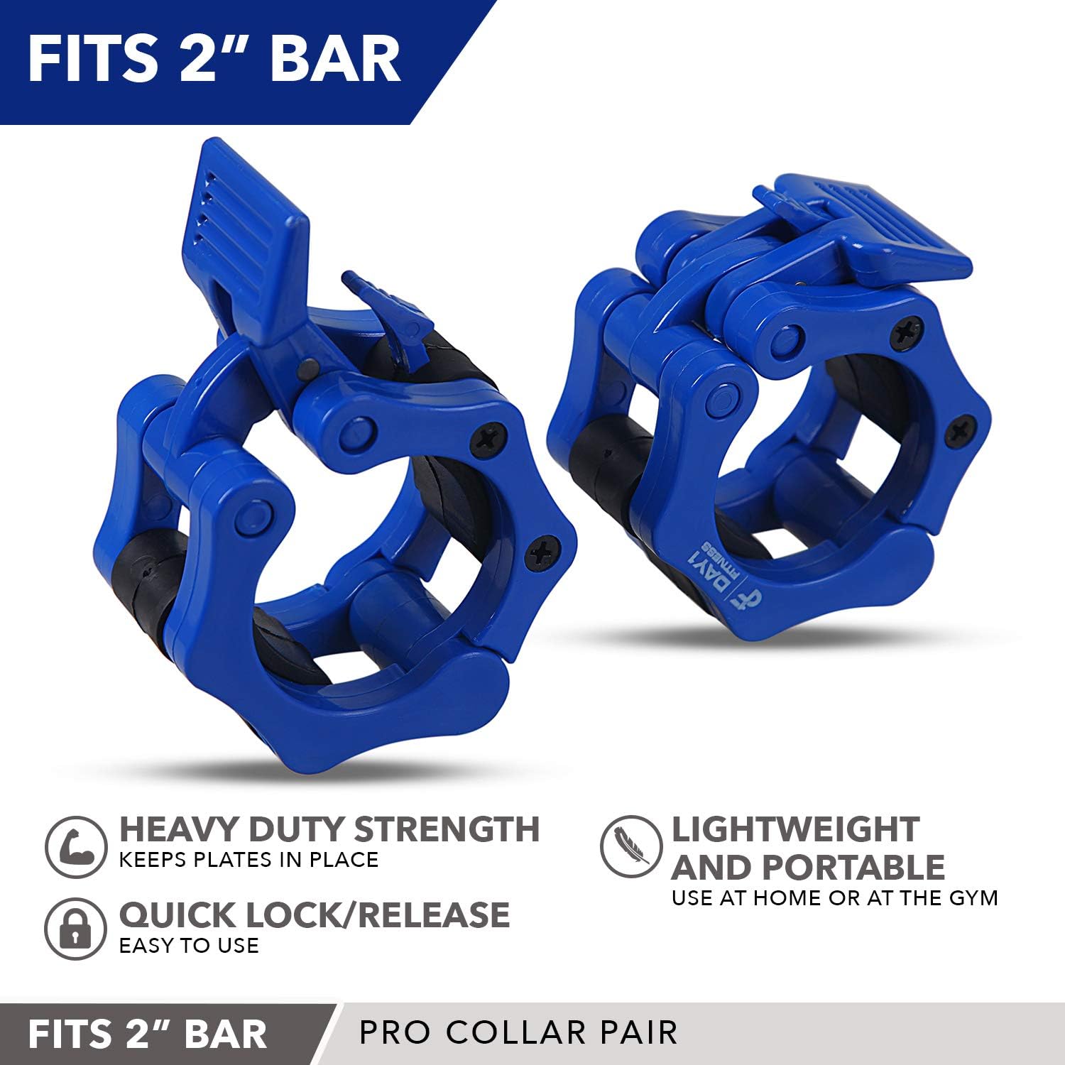 Quick-Release Safety Collars 2 inch, Set of 2- BLUE – By Day 1 Fitness, Weight Locking Clips for Olympic Weightlifting 2” Bars - Heavy-Duty 2-inch Plate Clamps for Powerlifting, Strength Training : Sports & Outdoors