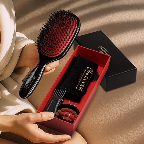 Miniatura 5 de Cepillo de cerdas de jabalí, pines de nylon suaves y cerdas de jabalí para alisar, desenredar, cerdas suaves que reducen la rotura y mejoran el