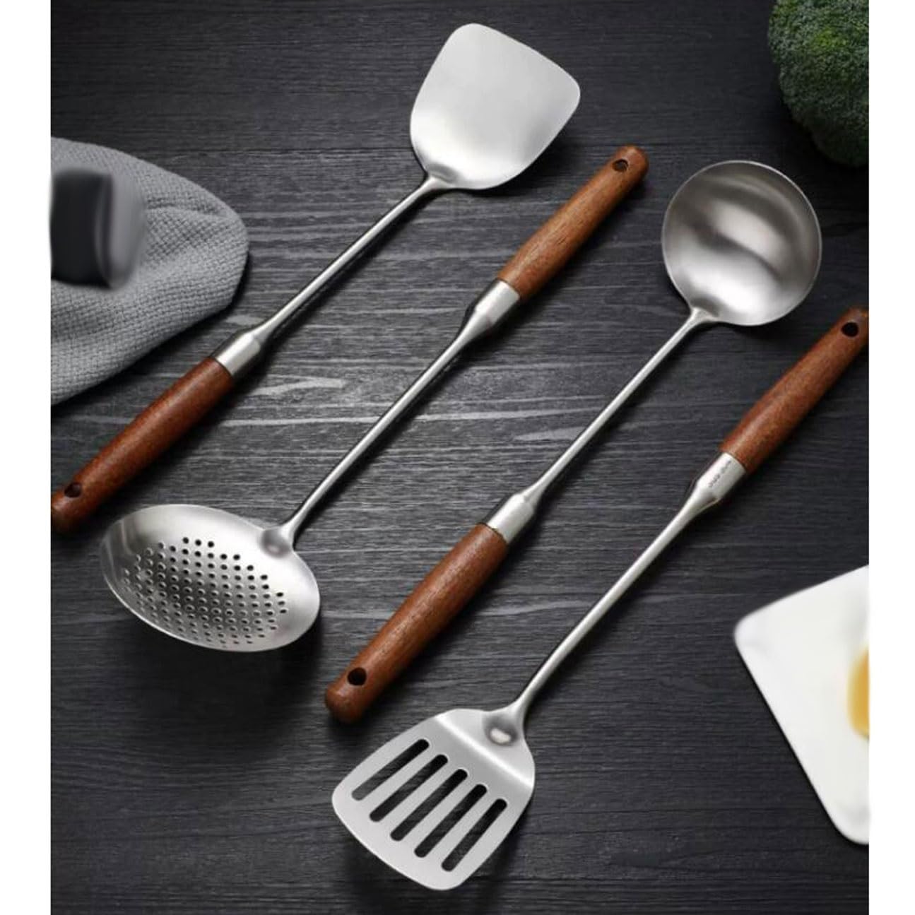 Löffel Küchenspatel aus Edelstahl 304 4-teiliges Set Küchenutensilien Drainagelöffel Gadget aus Holz