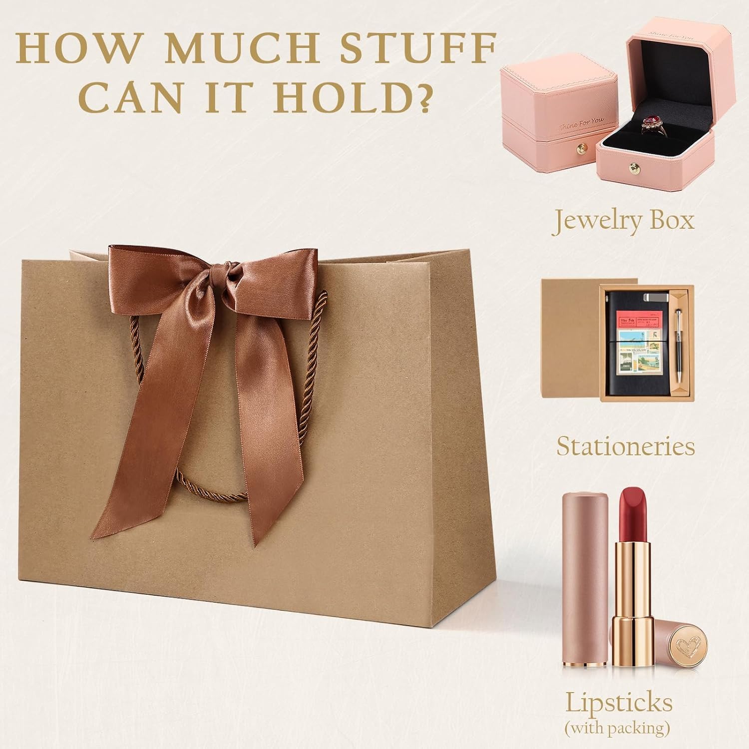 YoungTree Medium Gift Bag with Ribbon and Greeting Card 2 Tissue Papers, Paper Birthday Gift Bag with Handles, Present Bags for Valentines Day Wedding Engagement Anniversary Party Supplies (Kraft) - Image 5