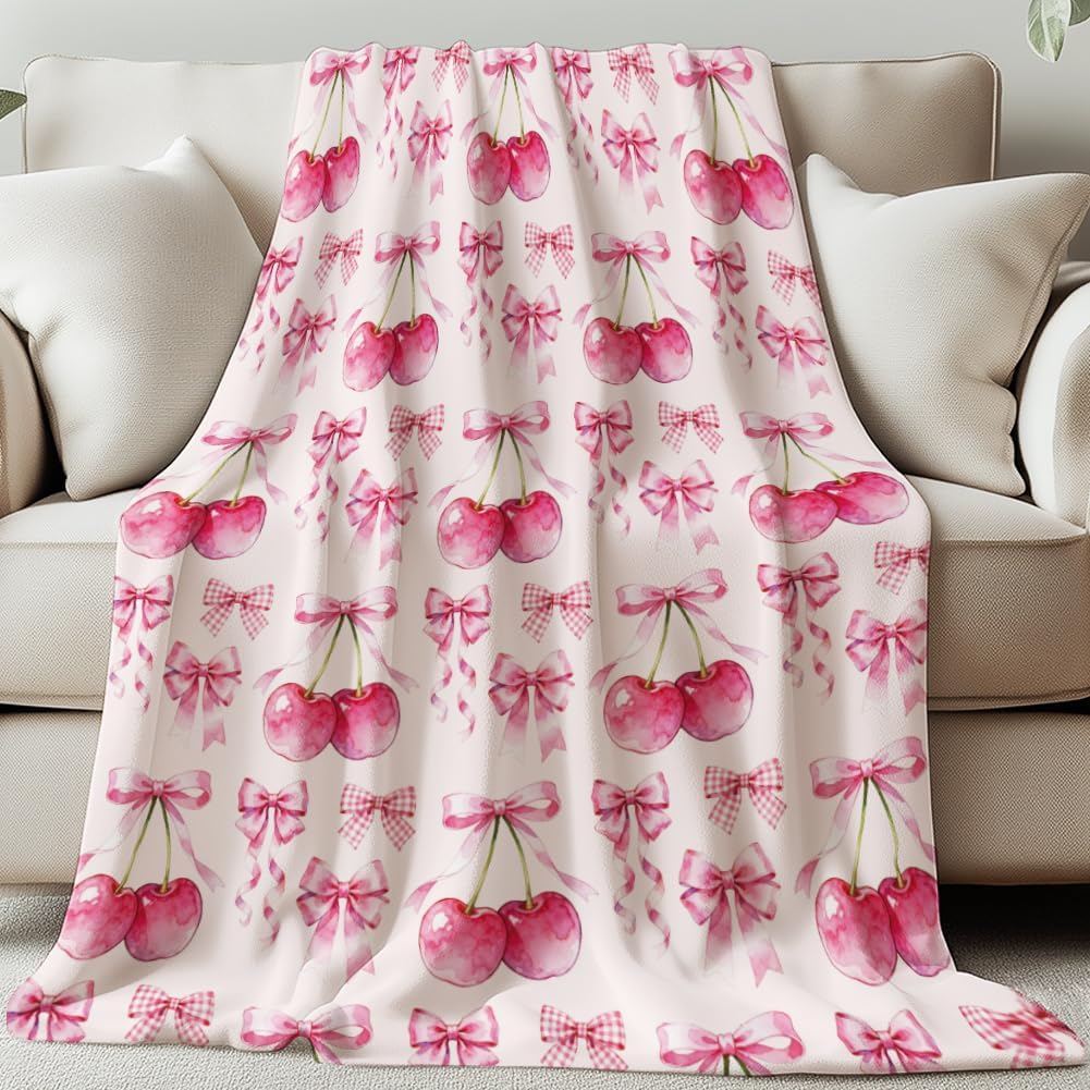 GLOBLELAND Cherry Fruits Blanket 59x51inch Pink Bow Soft Cozy Flannel Throws Coquette Washable Throw Blanket for Home Office Room Bed Sofa Chair Family Friends Gifts