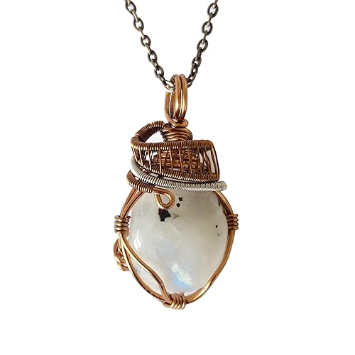 Designs by Nature Gems Handmade Womens Rainbow Moonstone Necklace 24 inch Chain Antique Bronze & White Gold Plated, June Birthstone