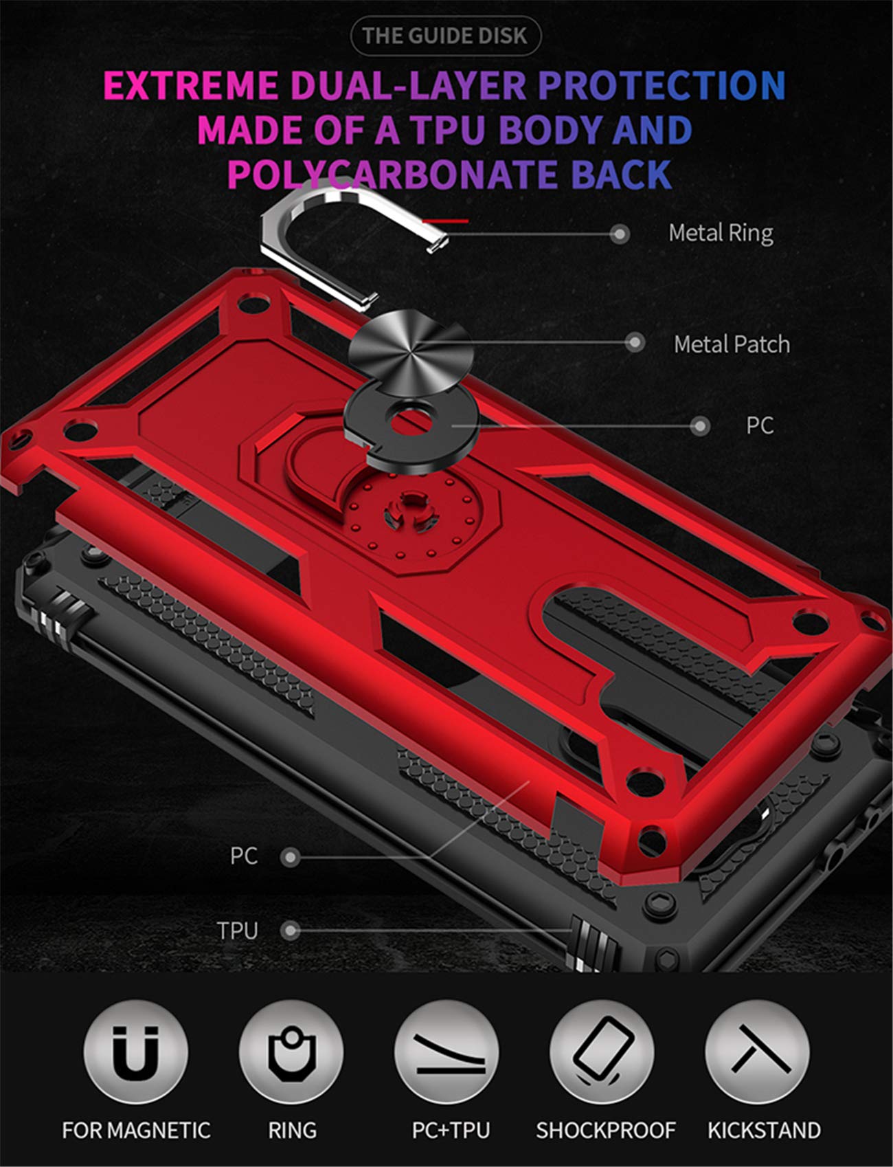 Joytag compatibles para Funda Xiaomi Redmi 9，Carcasa +Cristal Templado Silicona TPU 360 Grados Anillo Giratorio magnético Soporte Caja del teléfono del Coche-Negro — view 6