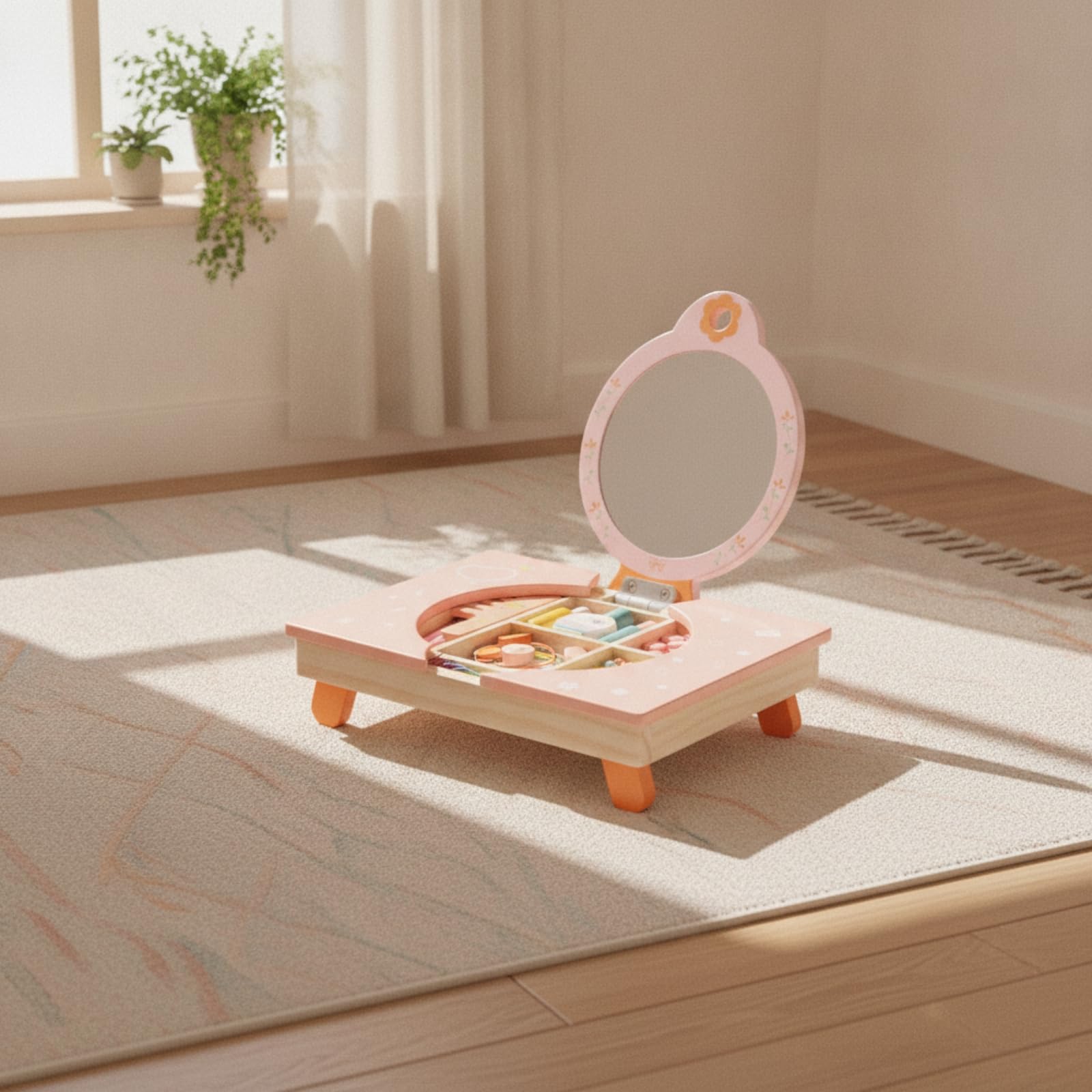 Tocador Infantil Tocador Juguete Niño Tocador con Espejo Tocador de Madera con Cajones con Espejo Redondo Abatible y Base Baja con Interior Dividido