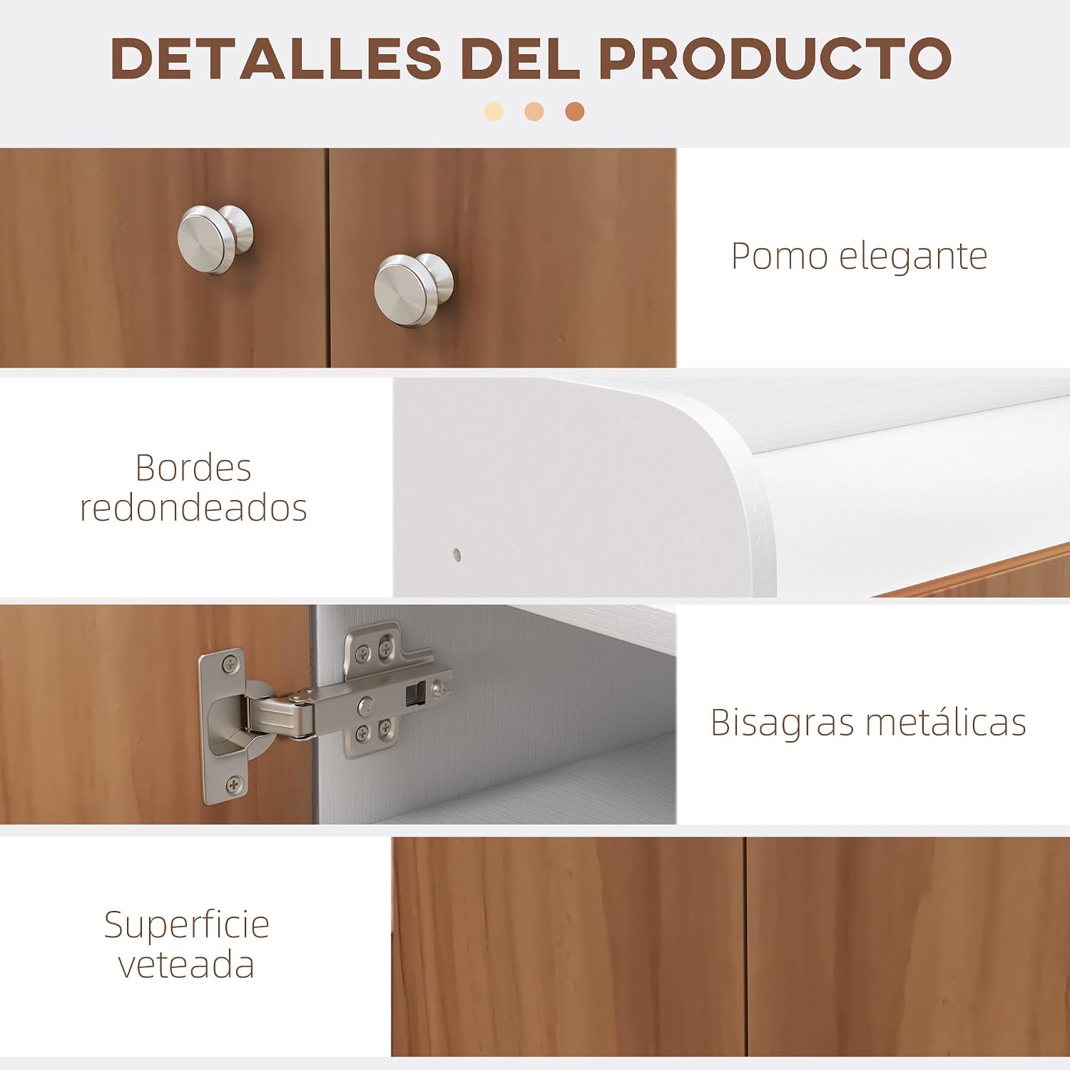 ລະອຽດ view of product components including elegant knobs, rounded edges, metal hinges, and a wood-grained surface.