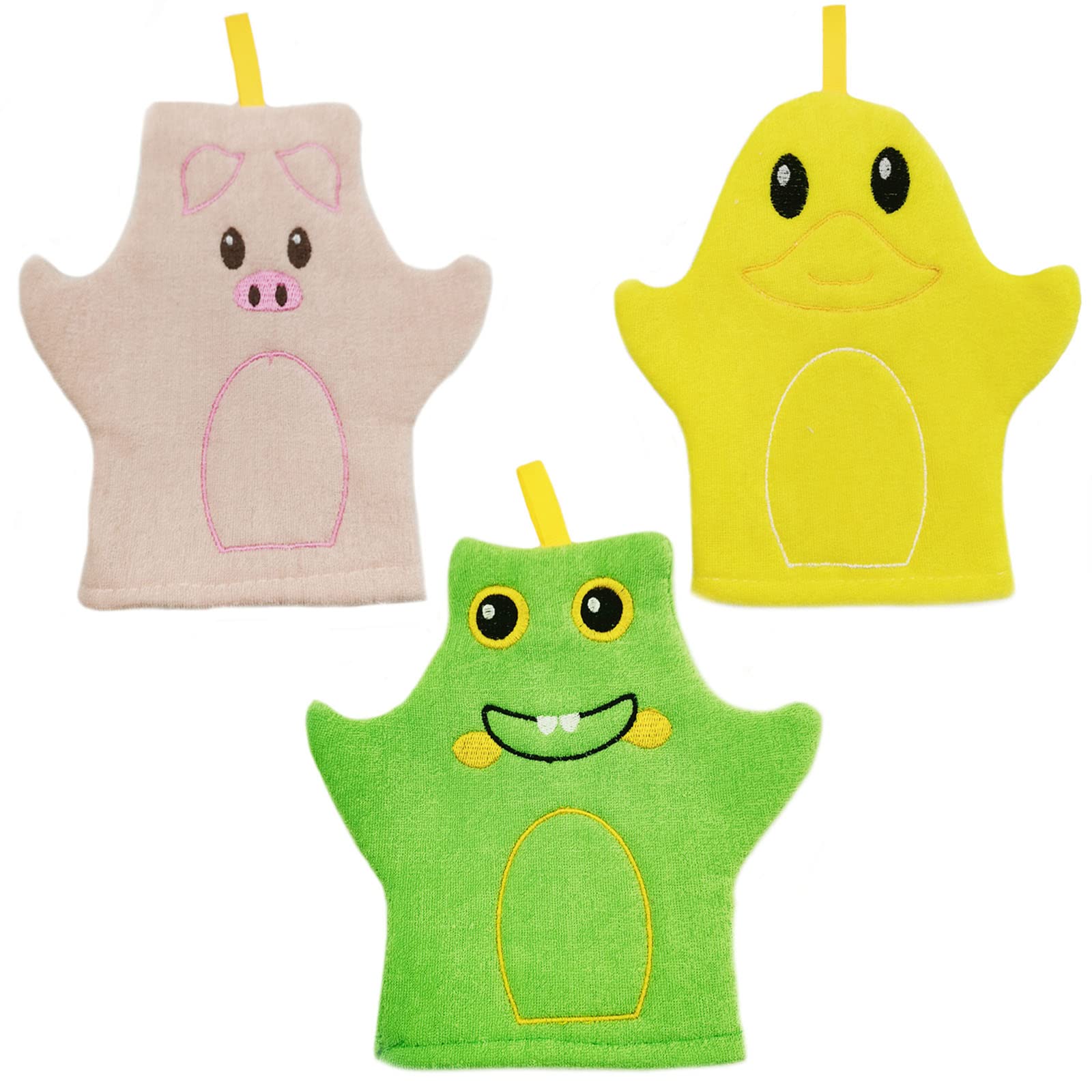 3 Piezas Guantes de Baño de Bebé, Guantes de Paño Diseñado en Bonito Estilo, Animal Lindo Toalla de Algodón, Pato Amarillo para Bebé Niños Baño y Ducha