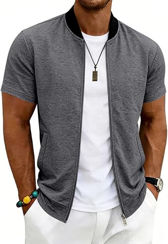 Mens Jackets Short Sleeve Zip up Stand Collar Baseball Varsity Bomber Coat Lightweight Athletic Sporty Outerwear Top